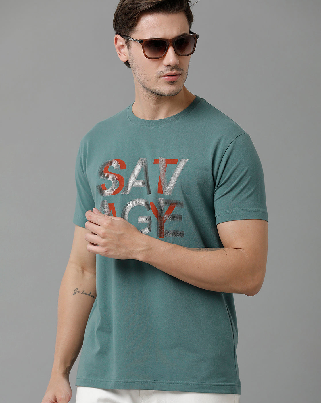 Classic Polo Men's Cotton Half Sleeve Printed Slim Fit Round Neck Grey Color T-Shirt | Baleno - 497 B