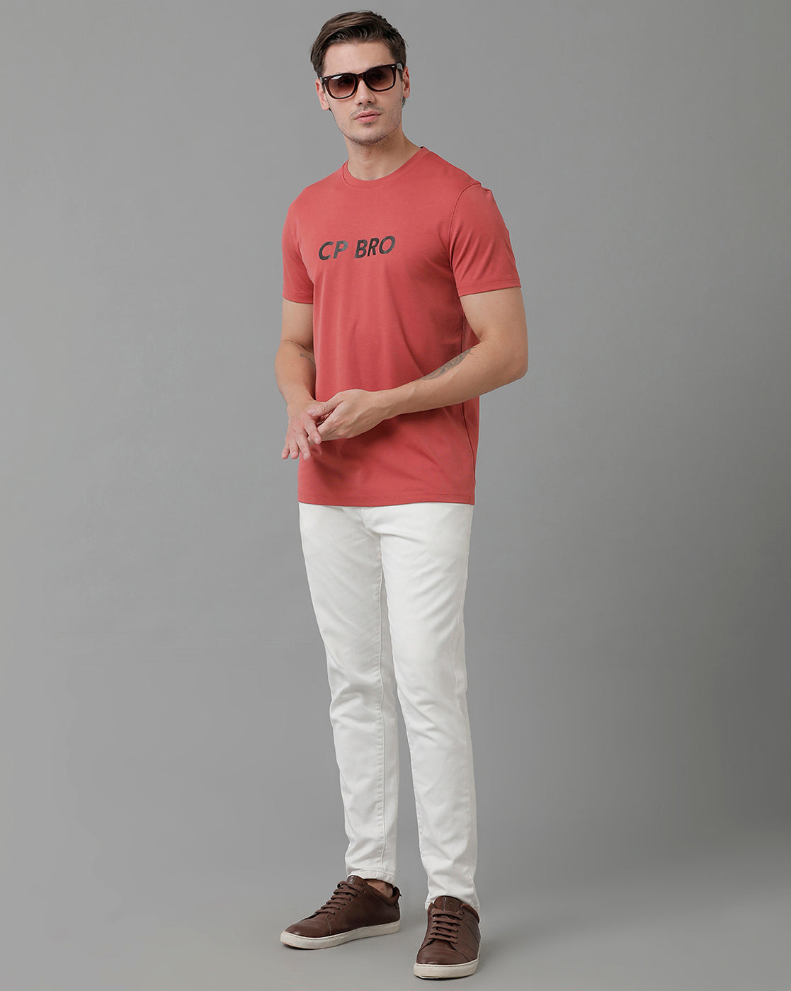 CP BRO Men's Cotton Half Sleeve Printed Slim Fit Round Neck Red Color T-Shirt | Brcn - 535 A