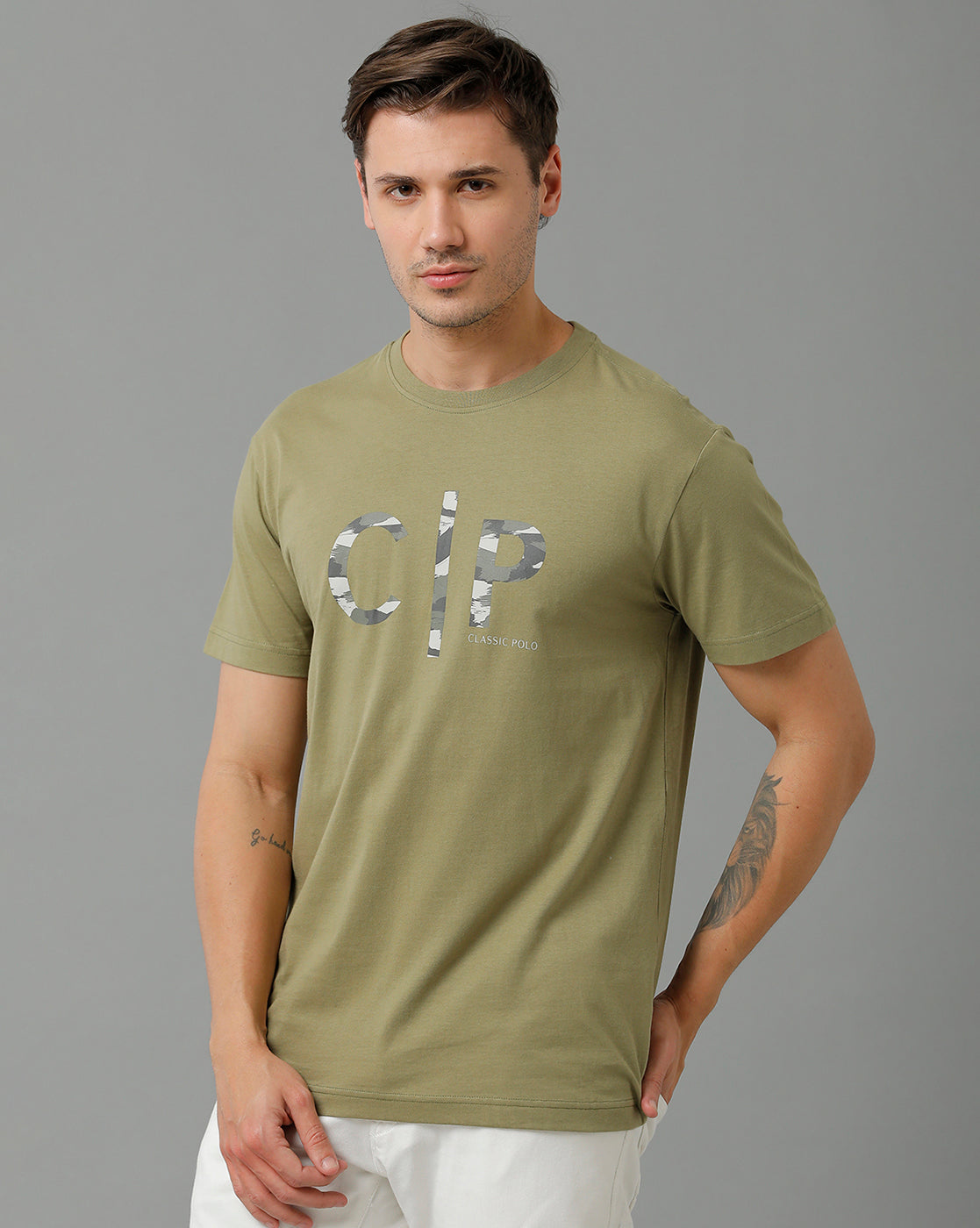 Classic Polo Men's Cotton Half Sleeve Printed Slim Fit Round Neck Green Color T-Shirt | Baleno - 516 A