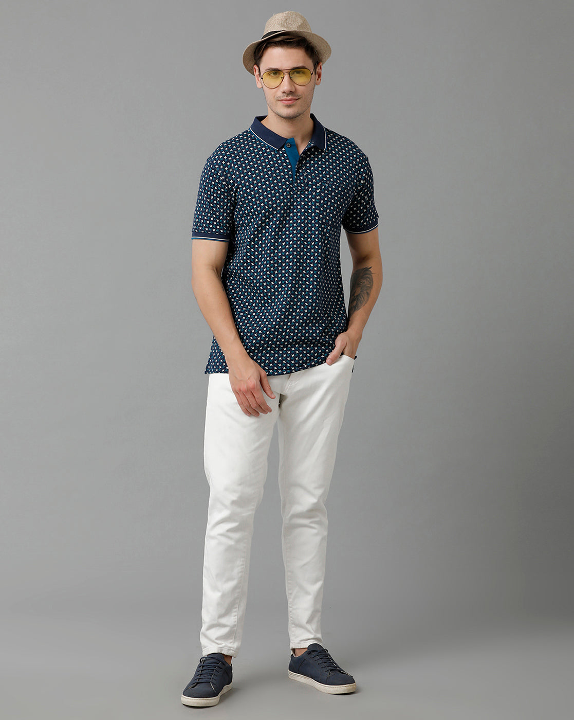 Classic Polo Men's Cotton Half Sleeve Printed Slim Fit Polo Neck Navy Color T-Shirt | Beau - 203 A