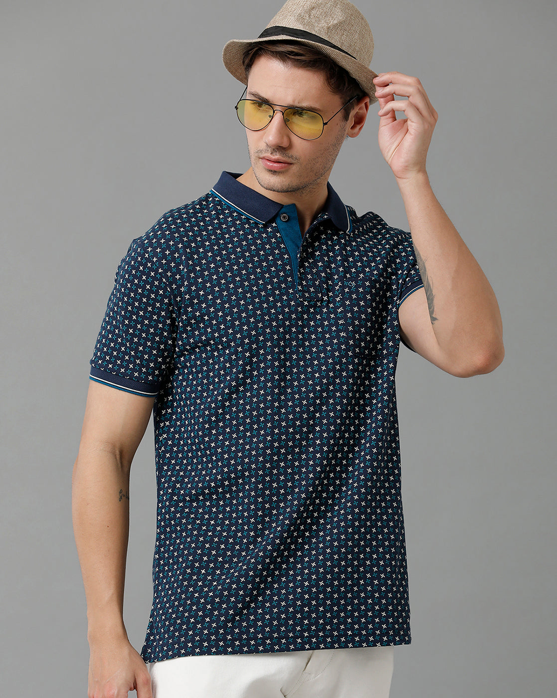 Classic Polo Men's Cotton Half Sleeve Printed Slim Fit Polo Neck Navy Color T-Shirt | Beau - 203 A