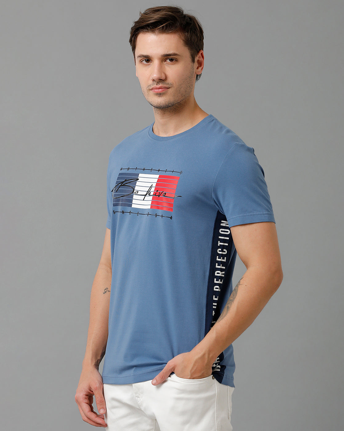 CP BRO Men's Cotton Half Sleeve Printed Slim Fit Round Neck Blue Color T-Shirt | Brcn - 518 B