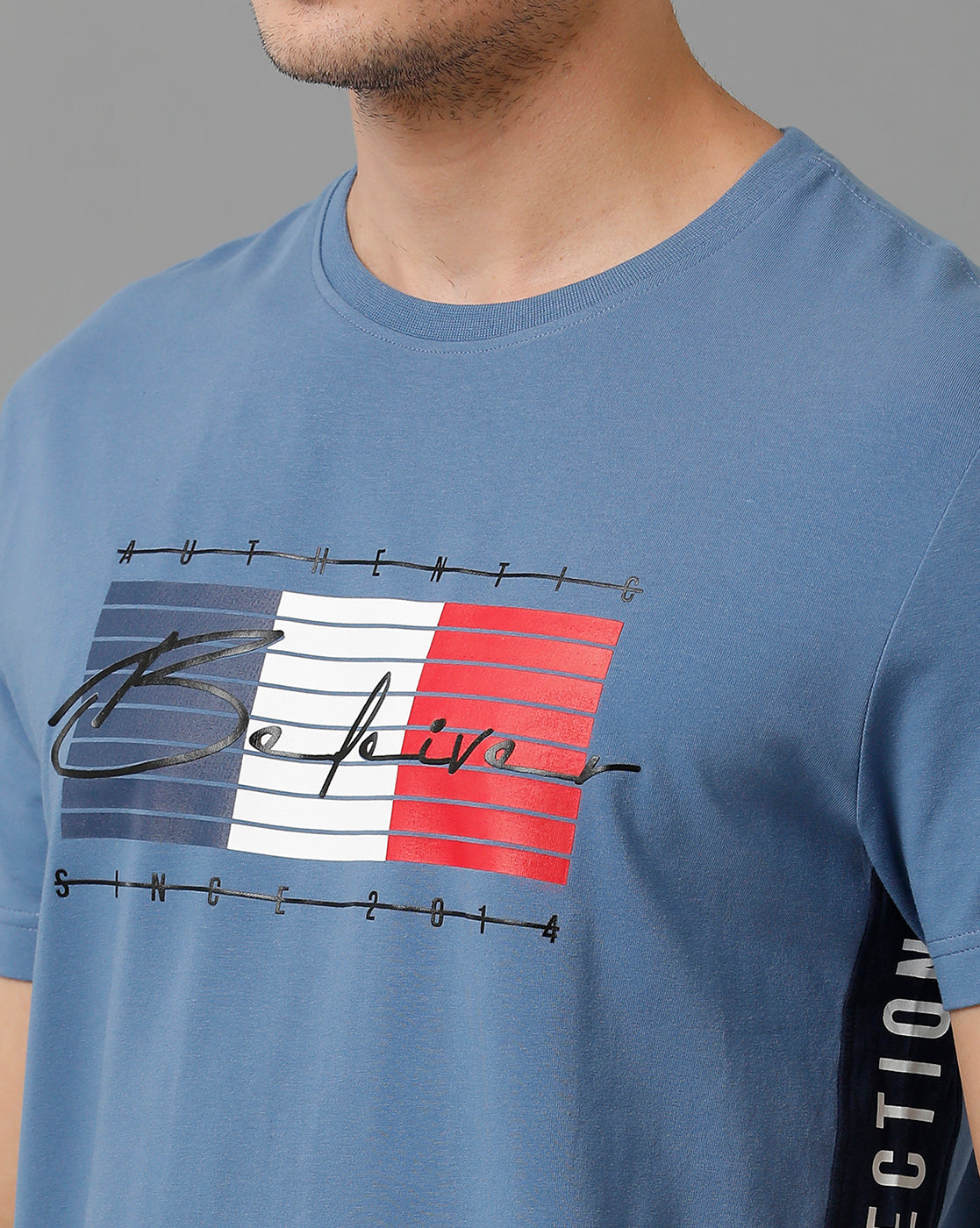 CP BRO Men's Cotton Half Sleeve Printed Slim Fit Round Neck Blue Color T-Shirt | Brcn - 518 B