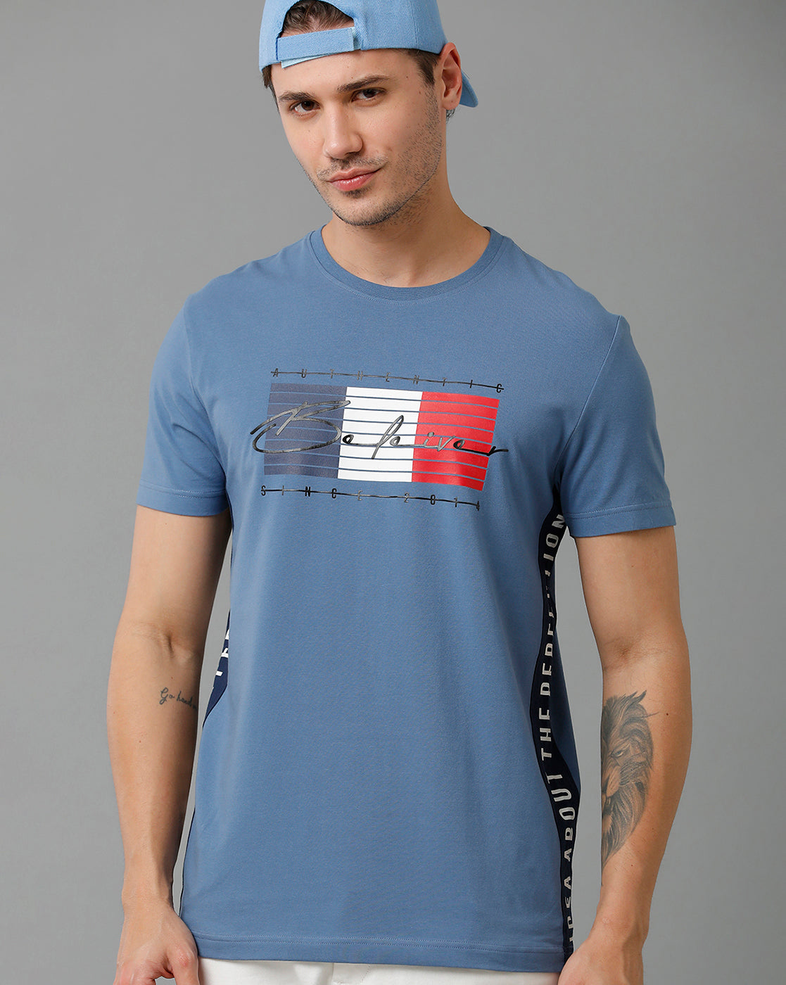 CP BRO Men's Cotton Half Sleeve Printed Slim Fit Round Neck Blue Color T-Shirt | Brcn - 518 B