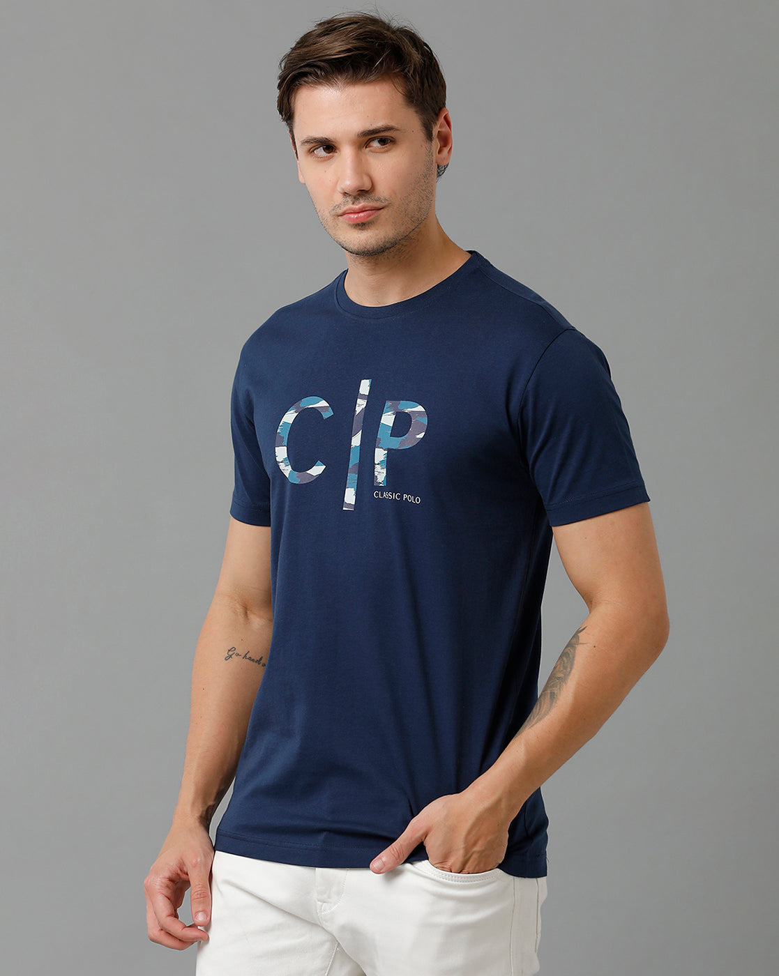 Classic Polo Men's Cotton Half Sleeve Printed Slim Fit Round Neck Navy Color T-Shirt | Baleno - 516 B