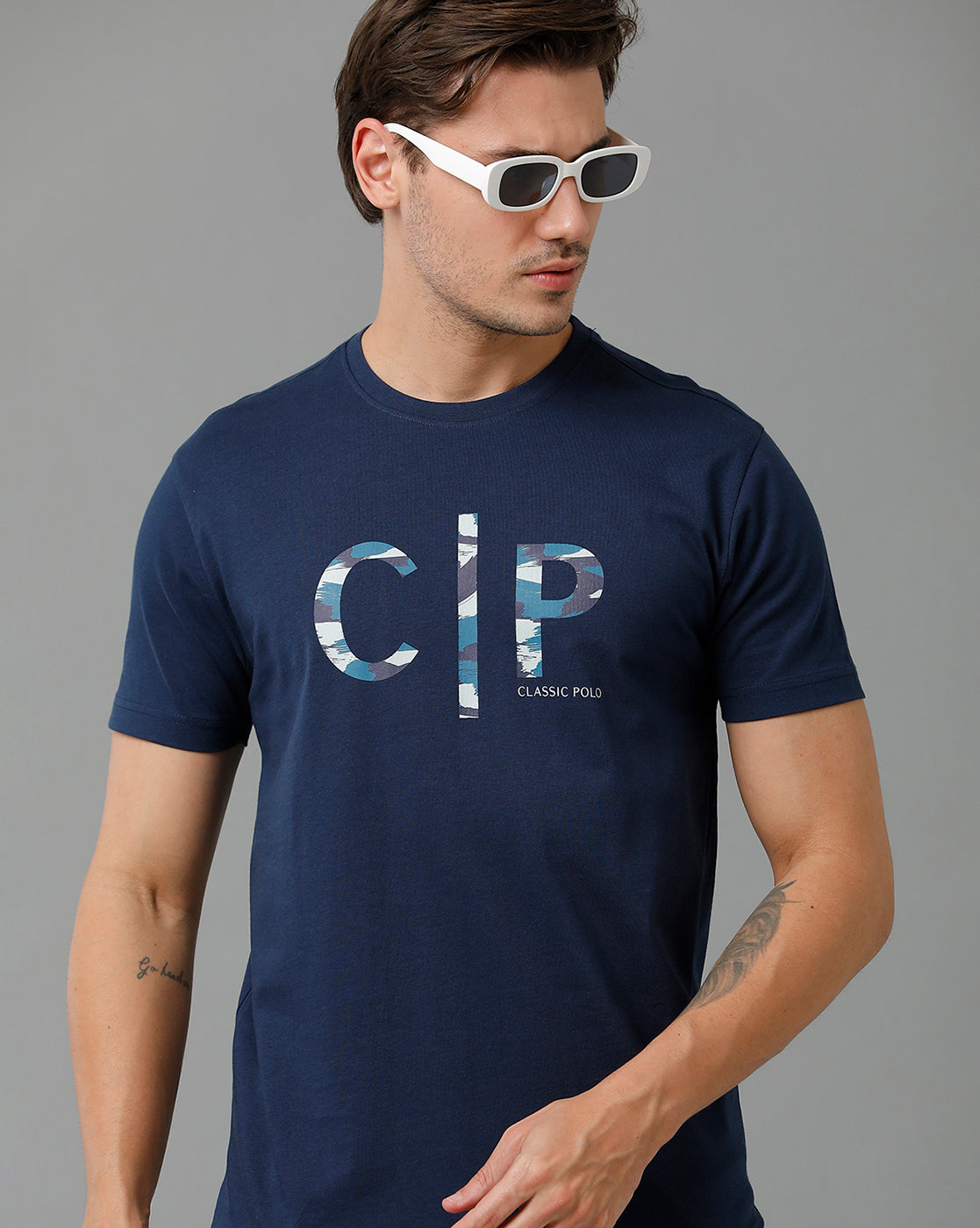 Classic Polo Men's Cotton Half Sleeve Printed Slim Fit Round Neck Navy Color T-Shirt | Baleno - 516 B