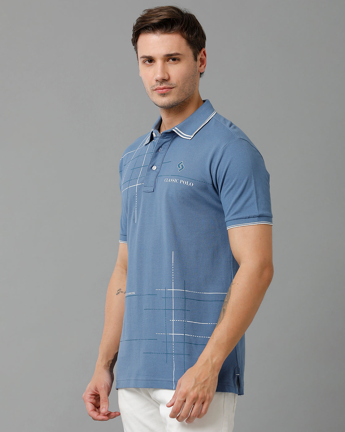 Classic Polo Men's Cotton Half Sleeve Printed Slim Fit Polo Neck Blue Color T-Shirt | Vivid Polo - 04 A