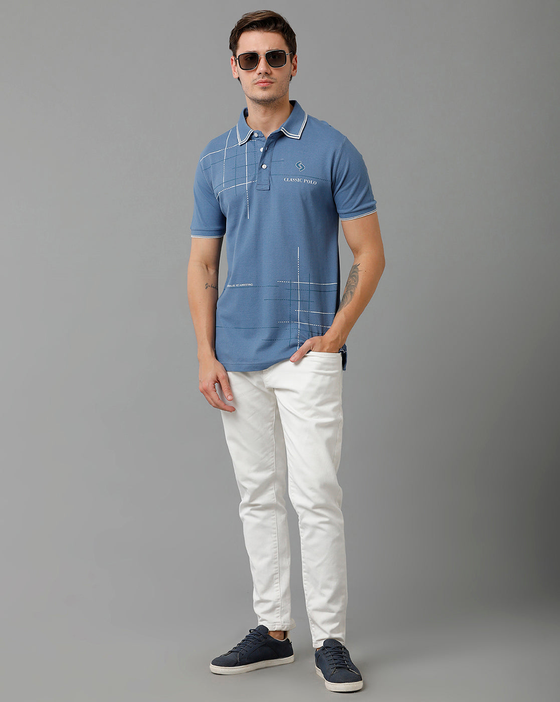 Classic Polo Men's Cotton Half Sleeve Printed Slim Fit Polo Neck Blue Color T-Shirt | Vivid Polo - 04 A