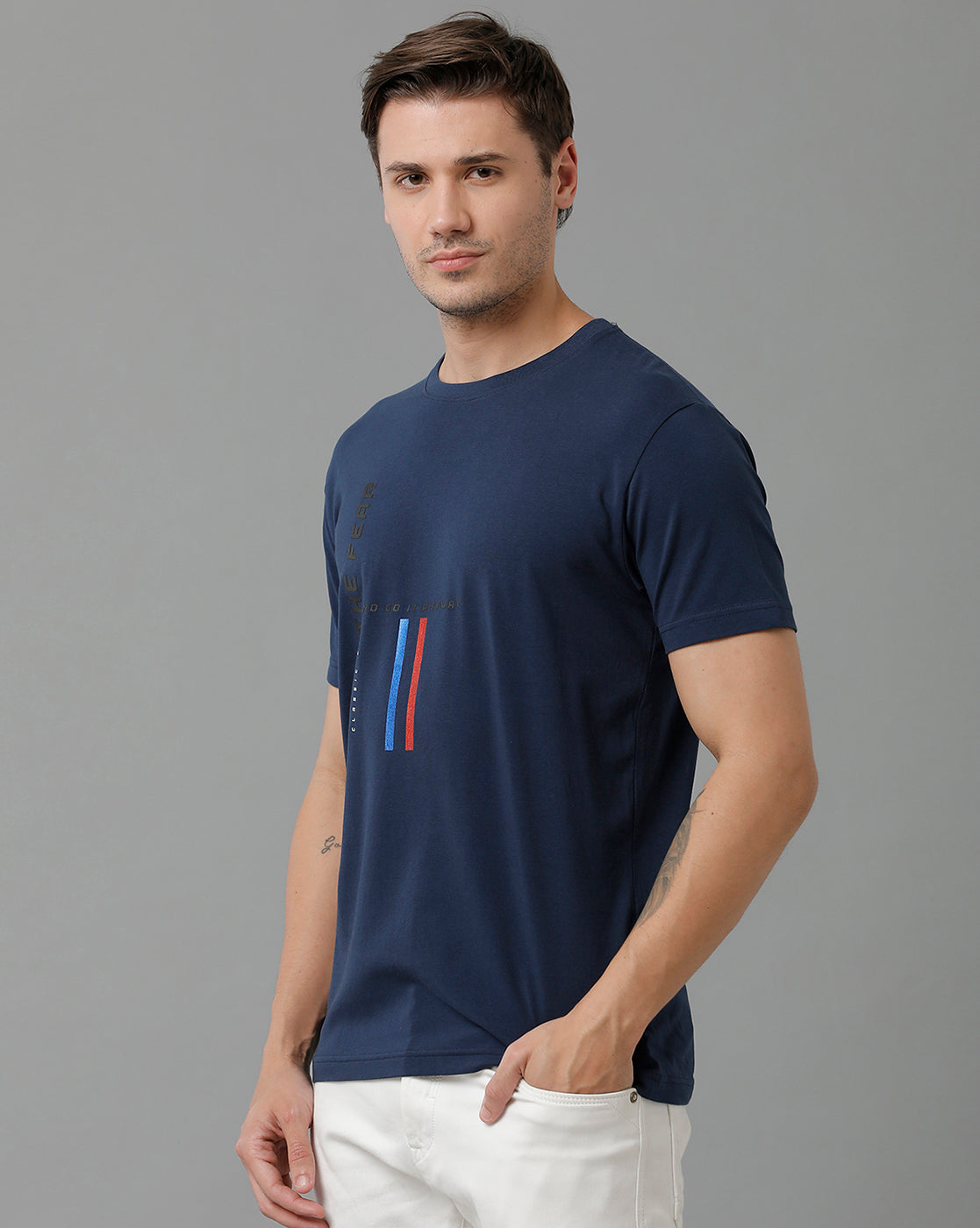 Classic Polo Men's Cotton Half Sleeve Printed Slim Fit Round Neck Navy Color T-Shirt | Baleno - 494 B
