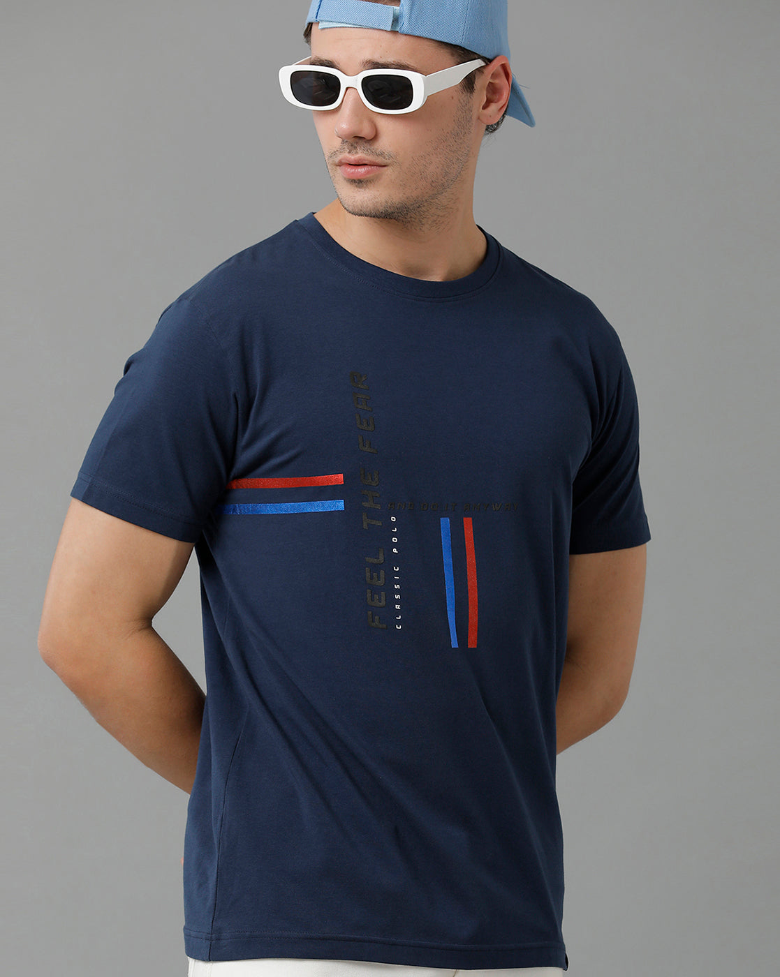 Classic Polo Men's Cotton Half Sleeve Printed Slim Fit Round Neck Navy Color T-Shirt | Baleno - 494 B