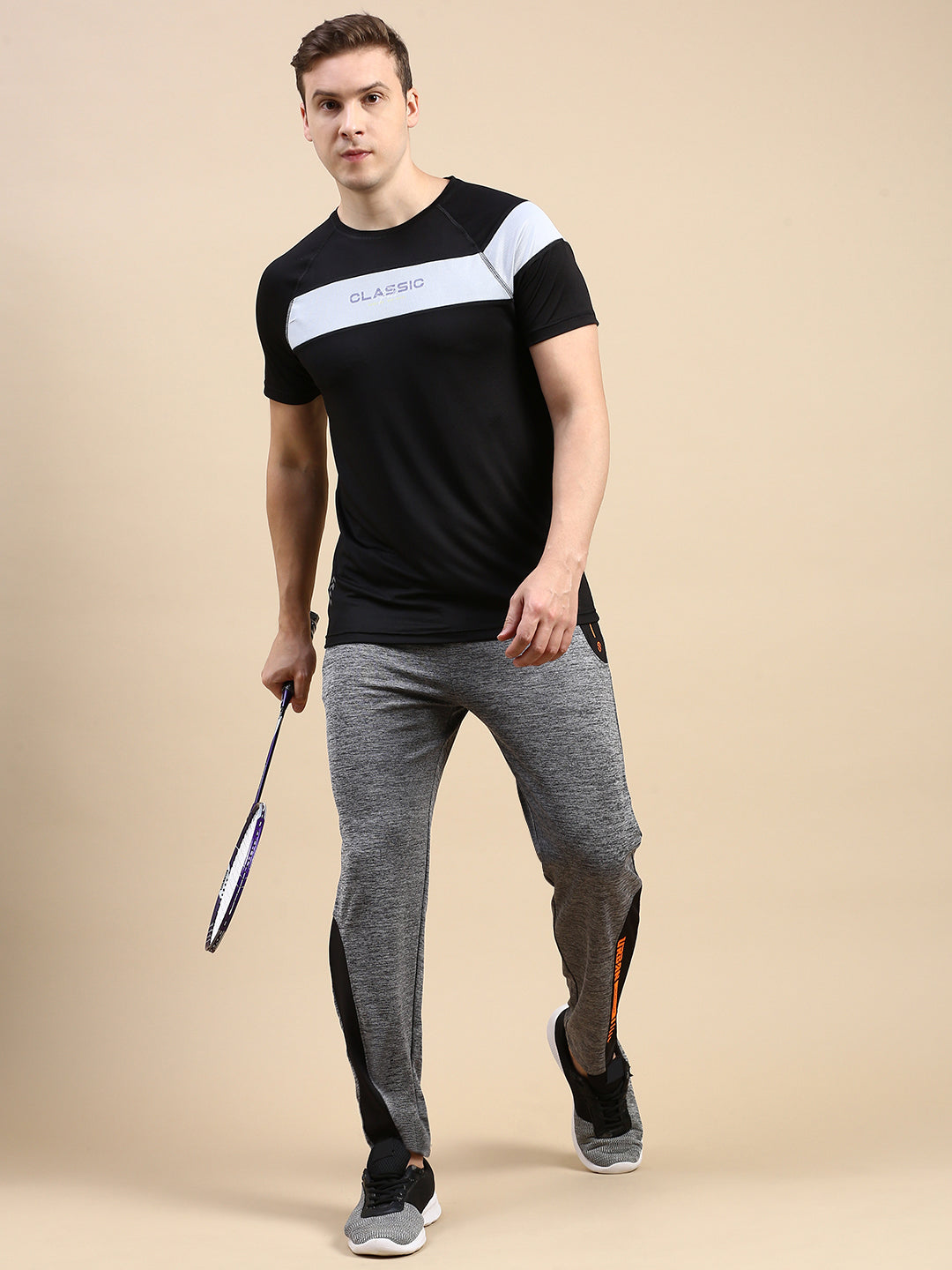 Classic Polo Men's Round Neck Polyster Black/White Slim Fit Active Wear T-Shirt