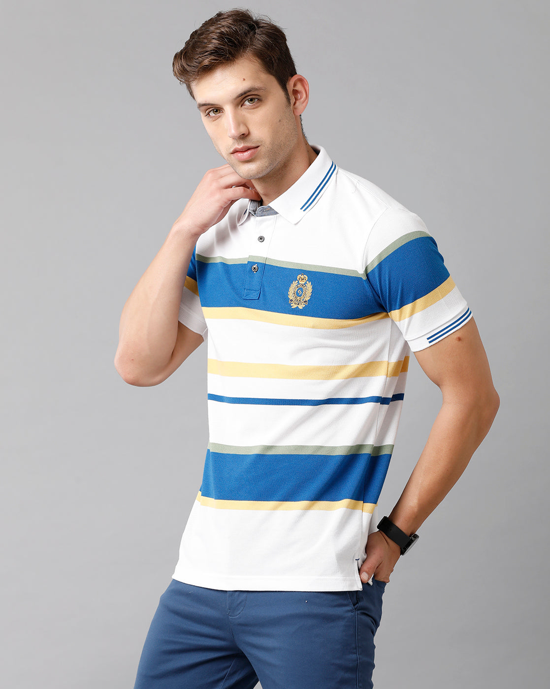 Classic Polo Mens Cotton Blend Striped Half Sleeve Slim Fit Polo Neck Multicolor T-Shirt | Vta 202 A