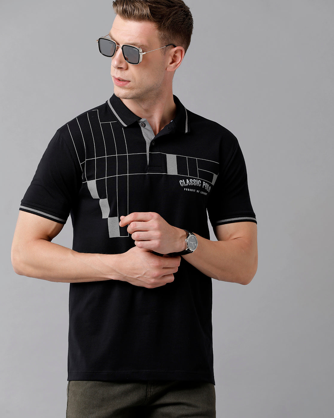 Classic Polo Men's Cotton Printed Half Sleeve Slim Fit Polo Neck Black Color T-Shirt | Prm - 726 A