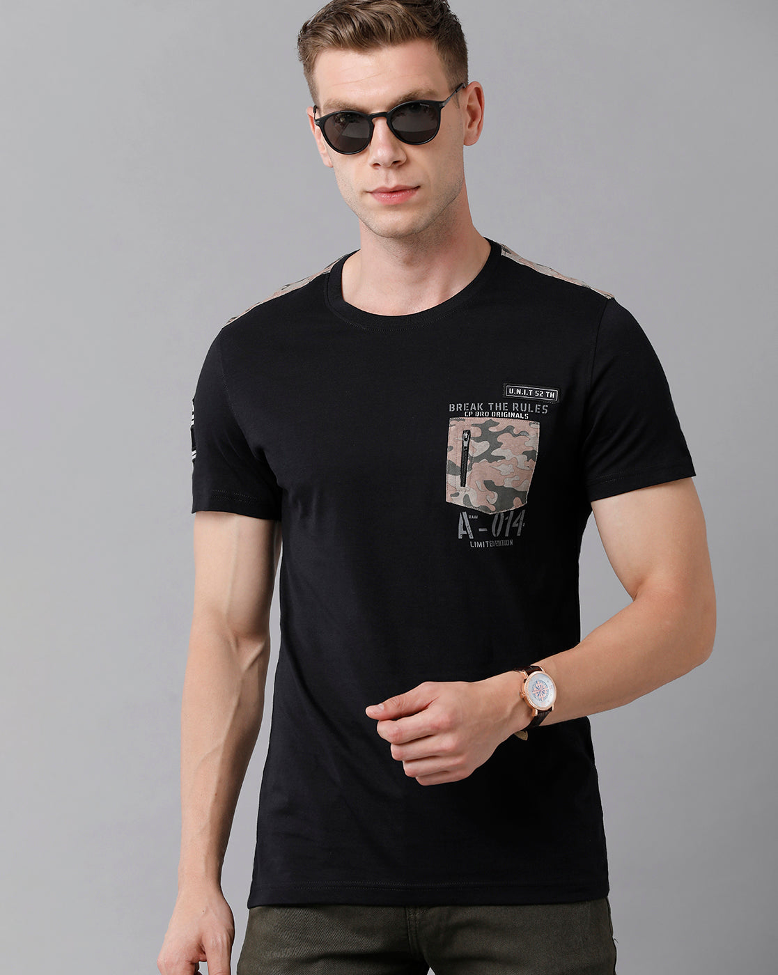 CP BRO Men's Cotton Color Block Half Sleeve Slim Fit Round Neck Black Color T-Shirt | Brcn - 490 B