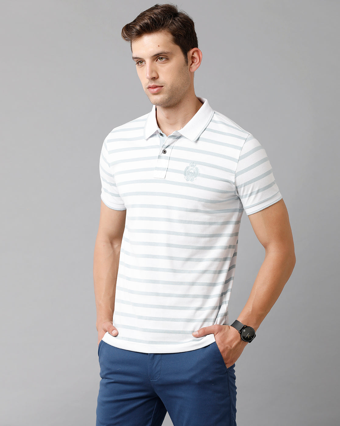 Classic Polo Mens Cotton Striped Half Sleeve Slim Fit Polo Neck White Color T-Shirt | Cpeg 281 A