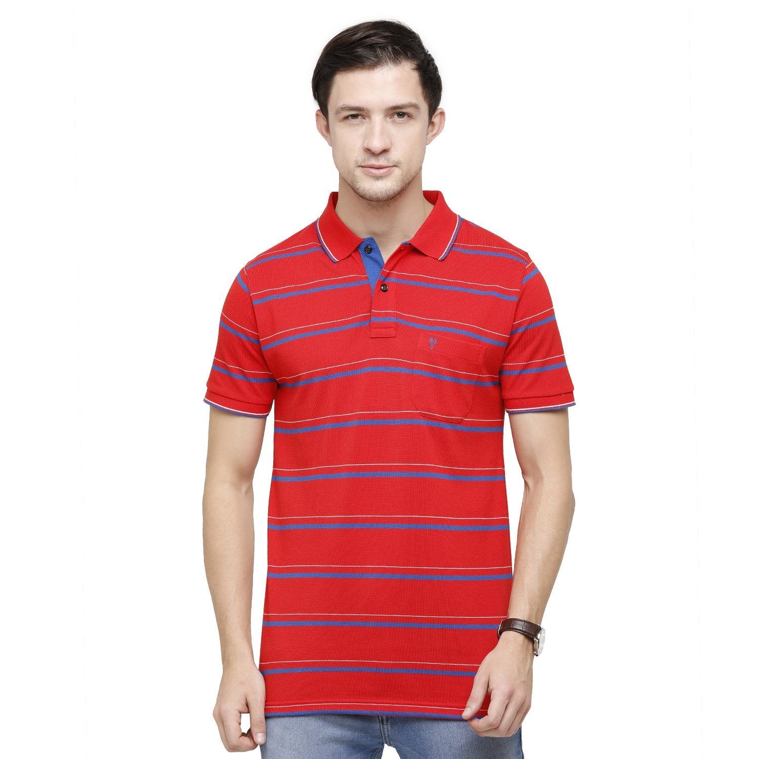Classic Polo Mens Striped Polo Neck Half Sleeve Slim Fit 100% Cotton Red Fashion T-Shirt ( ADORE - 153 B SF P ) T-shirt Classic Polo 