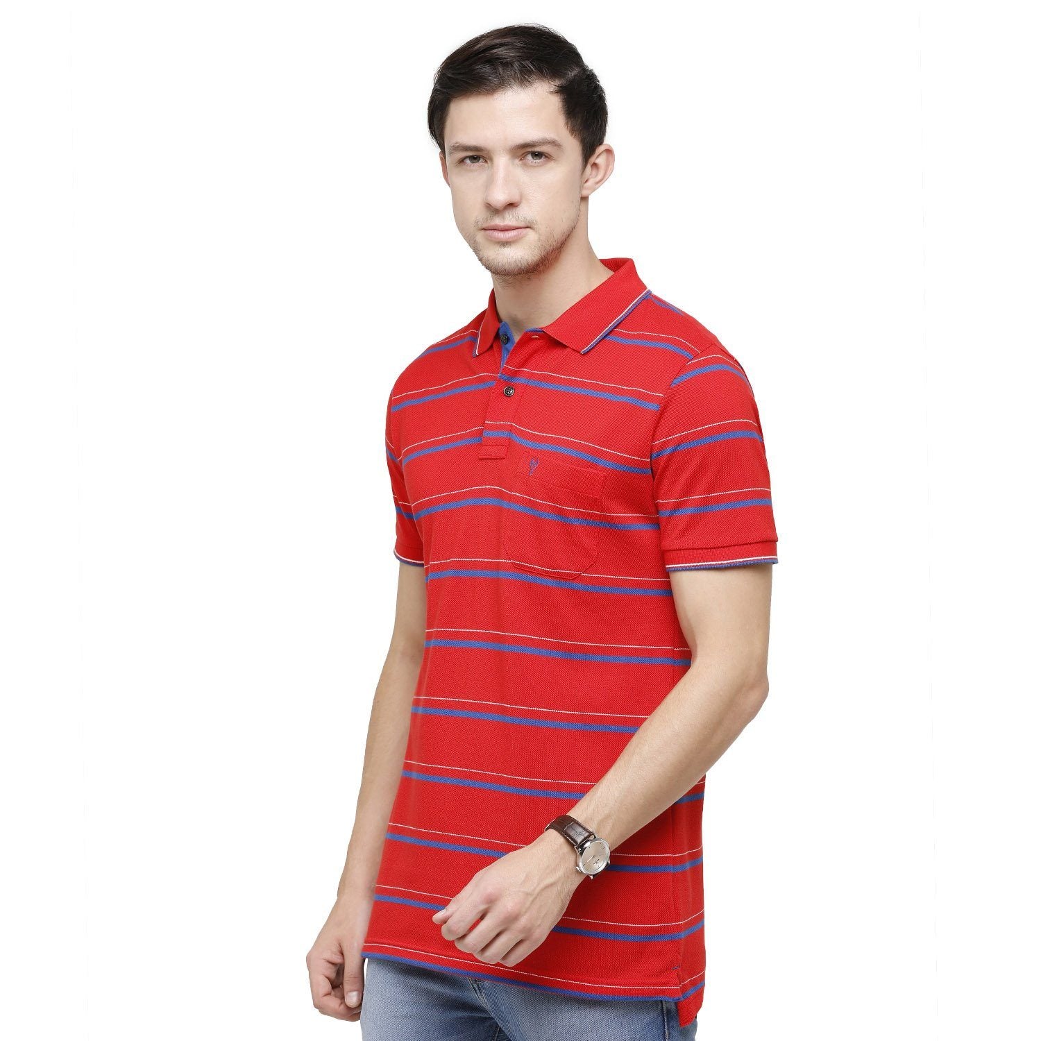 Classic Polo Mens Striped Polo Neck Half Sleeve Slim Fit 100% Cotton Red Fashion T-Shirt ( ADORE - 153 B SF P ) T-shirt Classic Polo 