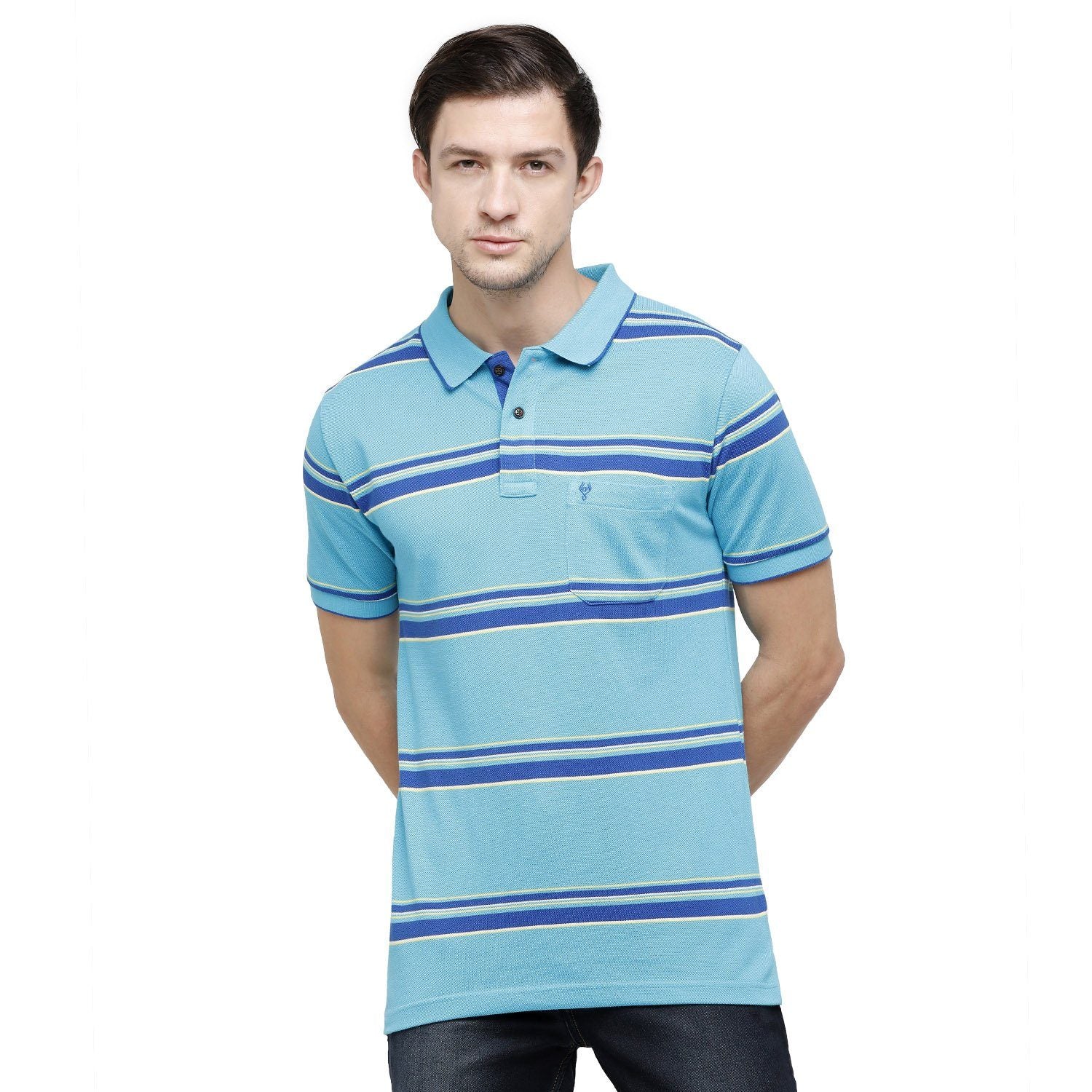 Classic Polo Mens Striped Polo Neck Half Sleeve Slim Fit 100% Cotton Turquoise Fashion T-Shirt ( ADORE - 154 A SF P ) T-shirt Classic Polo 