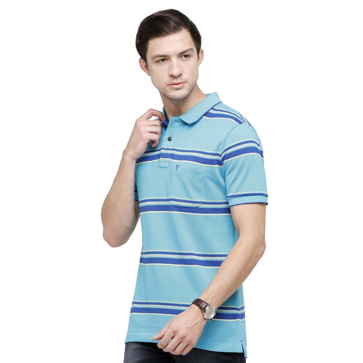 Classic Polo Mens Striped Polo Neck Half Sleeve Slim Fit 100% Cotton Turquoise Fashion T-Shirt ( ADORE - 154 A SF P ) T-shirt Classic Polo 