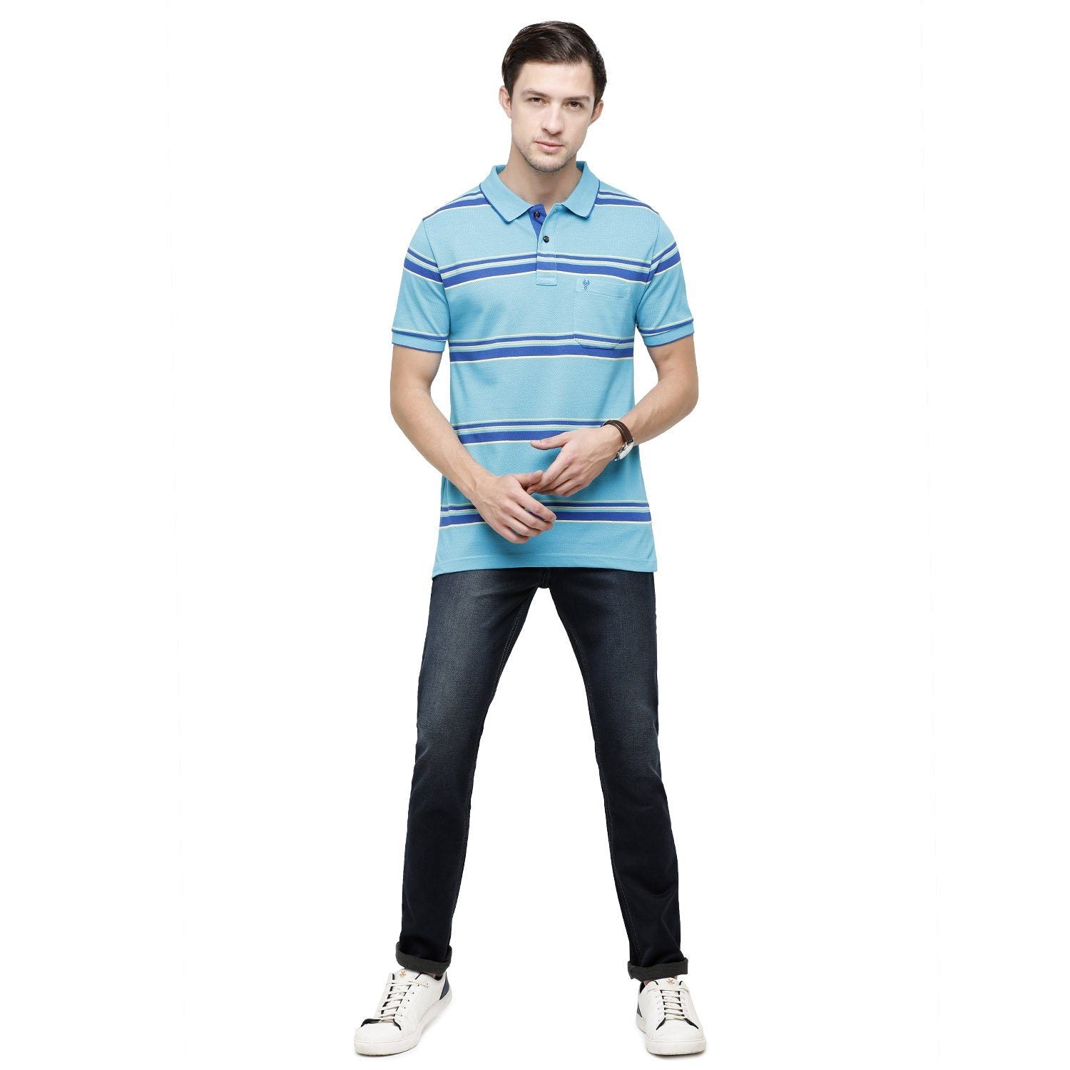 Classic Polo Mens Striped Polo Neck Half Sleeve Slim Fit 100% Cotton Turquoise Fashion T-Shirt ( ADORE - 154 A SF P ) T-shirt Classic Polo 