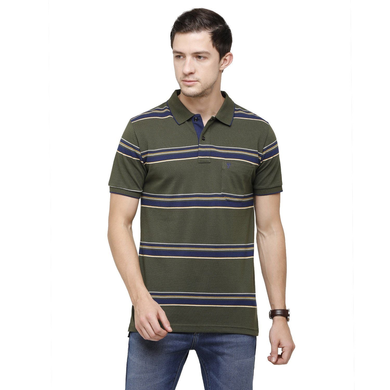 Classic Polo Mens Striped Polo Neck Half Sleeve Slim Fit 100% Cotton Olive Fashion T-Shirt ( ADORE - 154 B SF P ) T-shirt Classic Polo 