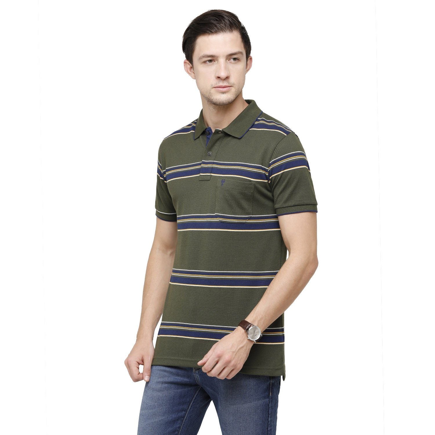Classic Polo Mens Striped Polo Neck Half Sleeve Slim Fit 100% Cotton Olive Fashion T-Shirt ( ADORE - 154 B SF P ) T-shirt Classic Polo 