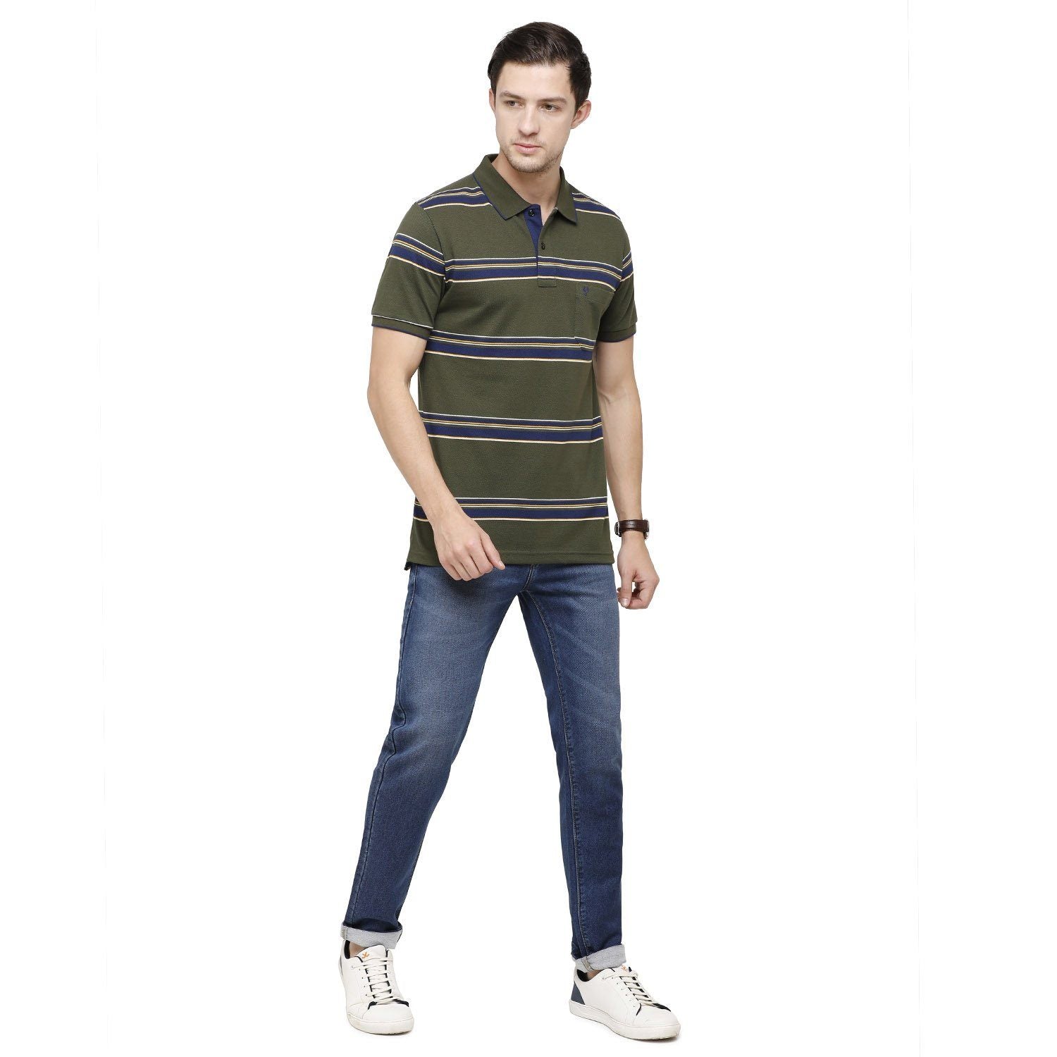 Classic Polo Mens Striped Polo Neck Half Sleeve Slim Fit 100% Cotton Olive Fashion T-Shirt ( ADORE - 154 B SF P ) T-shirt Classic Polo 