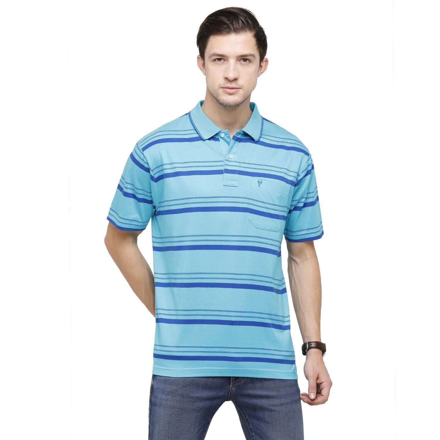 Classic Polo Mens Striped Polo Neck Half Sleeve Regular Fit 100% Cotton Turquoise Fashion T-Shirt ( AP - 54 A AF P ) T-shirt Classic Polo 
