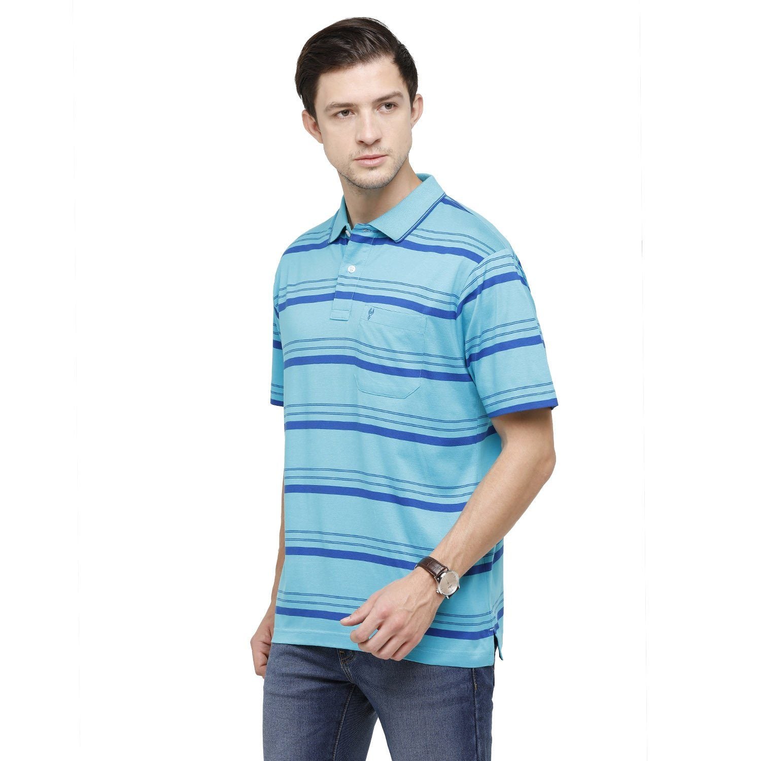 Classic Polo Mens Striped Polo Neck Half Sleeve Regular Fit 100% Cotton Turquoise Fashion T-Shirt ( AP - 54 A AF P ) T-shirt Classic Polo 