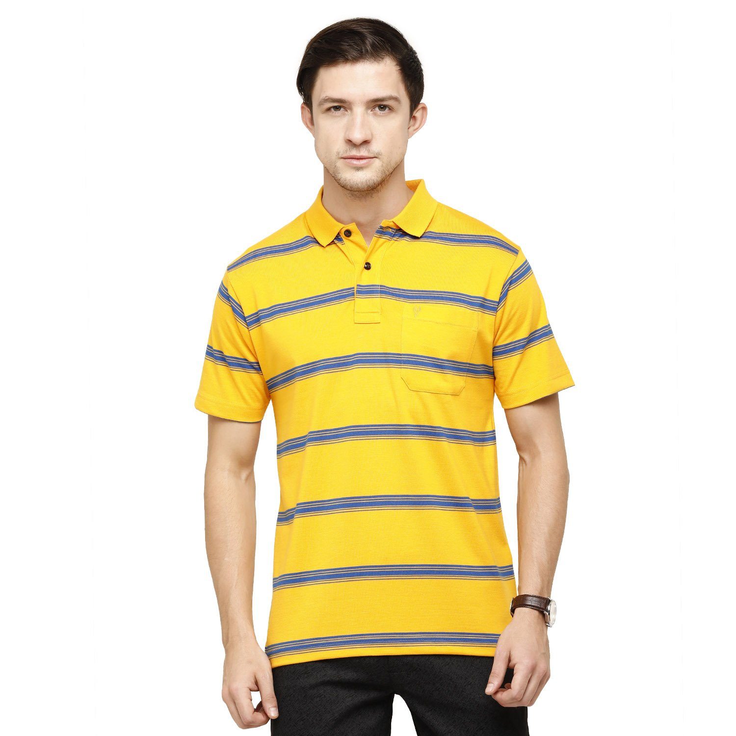 Classic Polo Mens Striped Polo Neck Half Sleeve Regular Fit Cotton Polyester Blend Yellow Fashion T-Shirt ( AVON - 460 A AF P ) T-shirt Classic Polo 