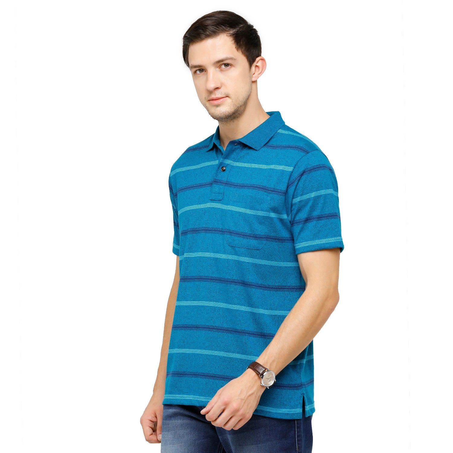 Classic Polo Mens Striped Polo Neck Half Sleeve Regular Fit Cotton Polyester Blend Blue T-Shirt AVON - 470 A AF P T-shirt Classic Polo 