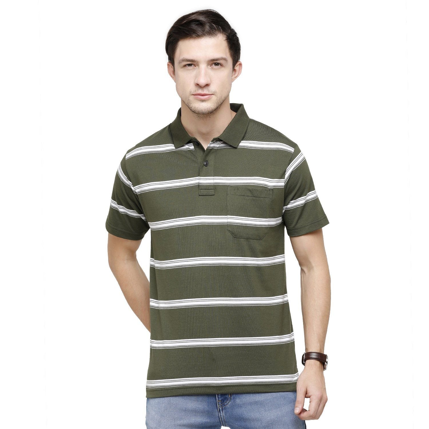 Classic Polo Mens Striped Polo Neck Half Sleeve Regular Fit Cotton Polyester Blend Olive Green Fashion T-Shirt ( AVON - 460 B AF P ) T-shirt Classic Polo 