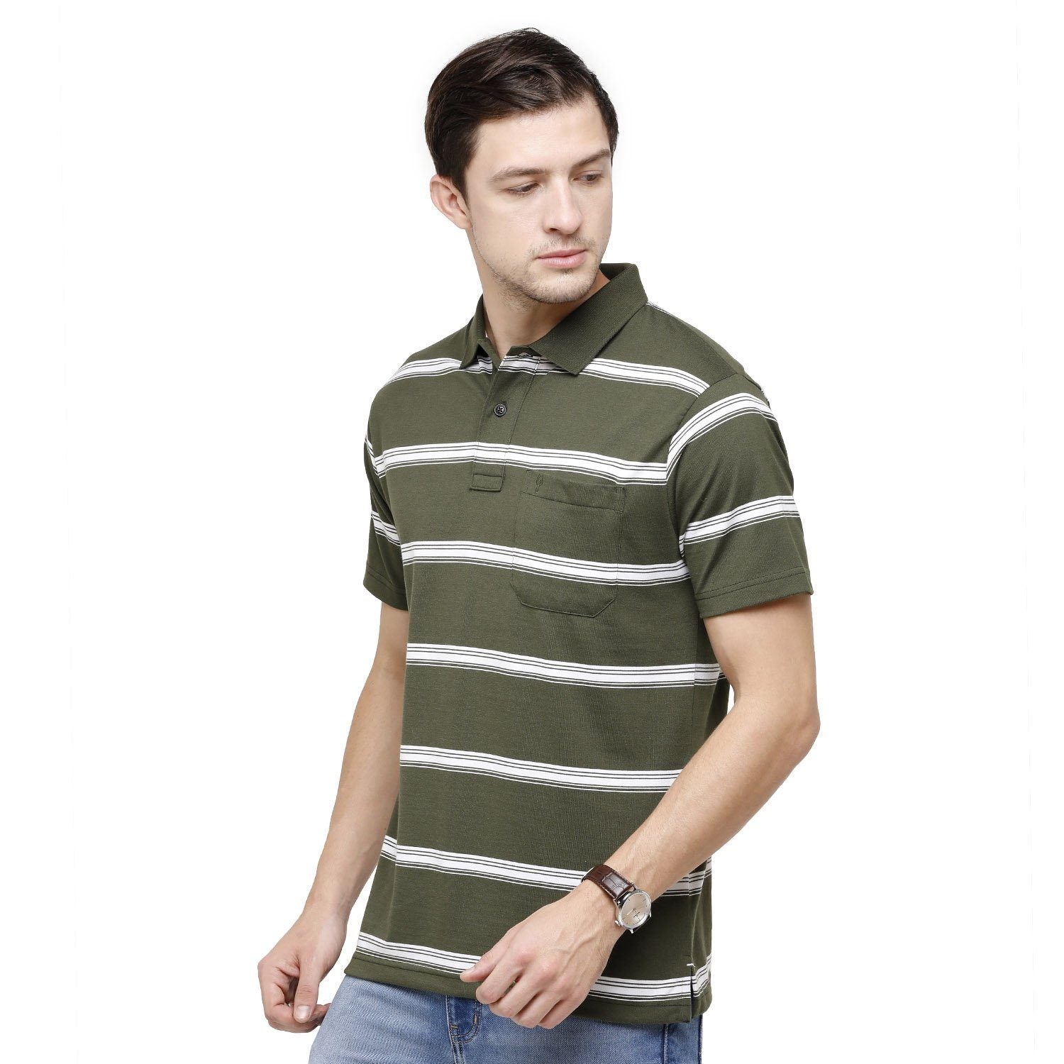 Classic Polo Mens Striped Polo Neck Half Sleeve Regular Fit Cotton Polyester Blend Olive Green Fashion T-Shirt ( AVON - 460 B AF P ) T-shirt Classic Polo 