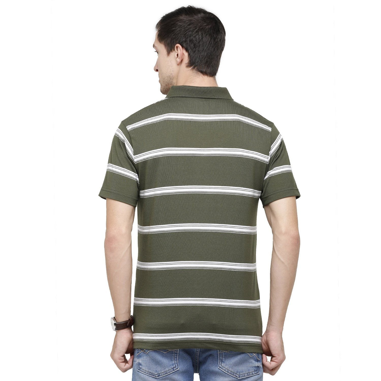 Classic Polo Mens Striped Polo Neck Half Sleeve Regular Fit Cotton Polyester Blend Olive Green Fashion T-Shirt ( AVON - 460 B AF P ) T-shirt Classic Polo 