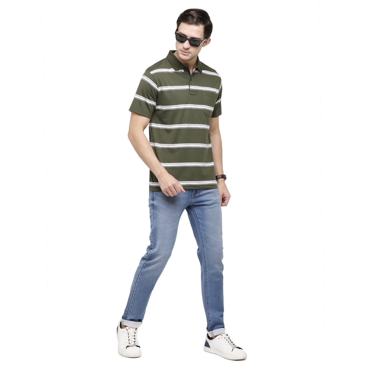 Classic Polo Mens Striped Polo Neck Half Sleeve Regular Fit Cotton Polyester Blend Olive Green Fashion T-Shirt ( AVON - 460 B AF P ) T-shirt Classic Polo 