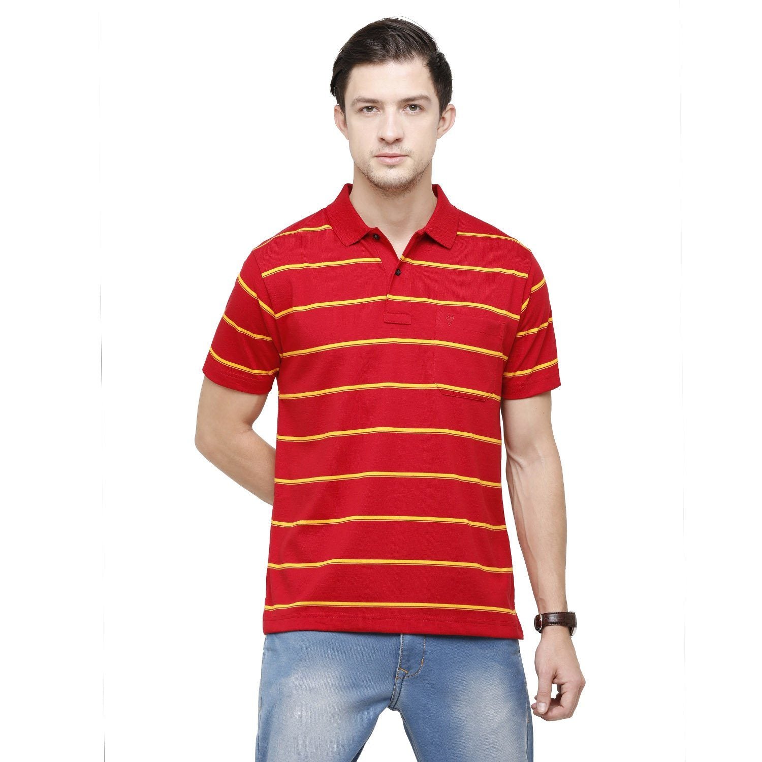 Classic Polo Mens Striped Polo Neck Half Sleeve Regular Fit Cotton Polyester Blend Red Fashion T-Shirt ( AVON - 461 A AF P ) T-shirt Classic Polo 