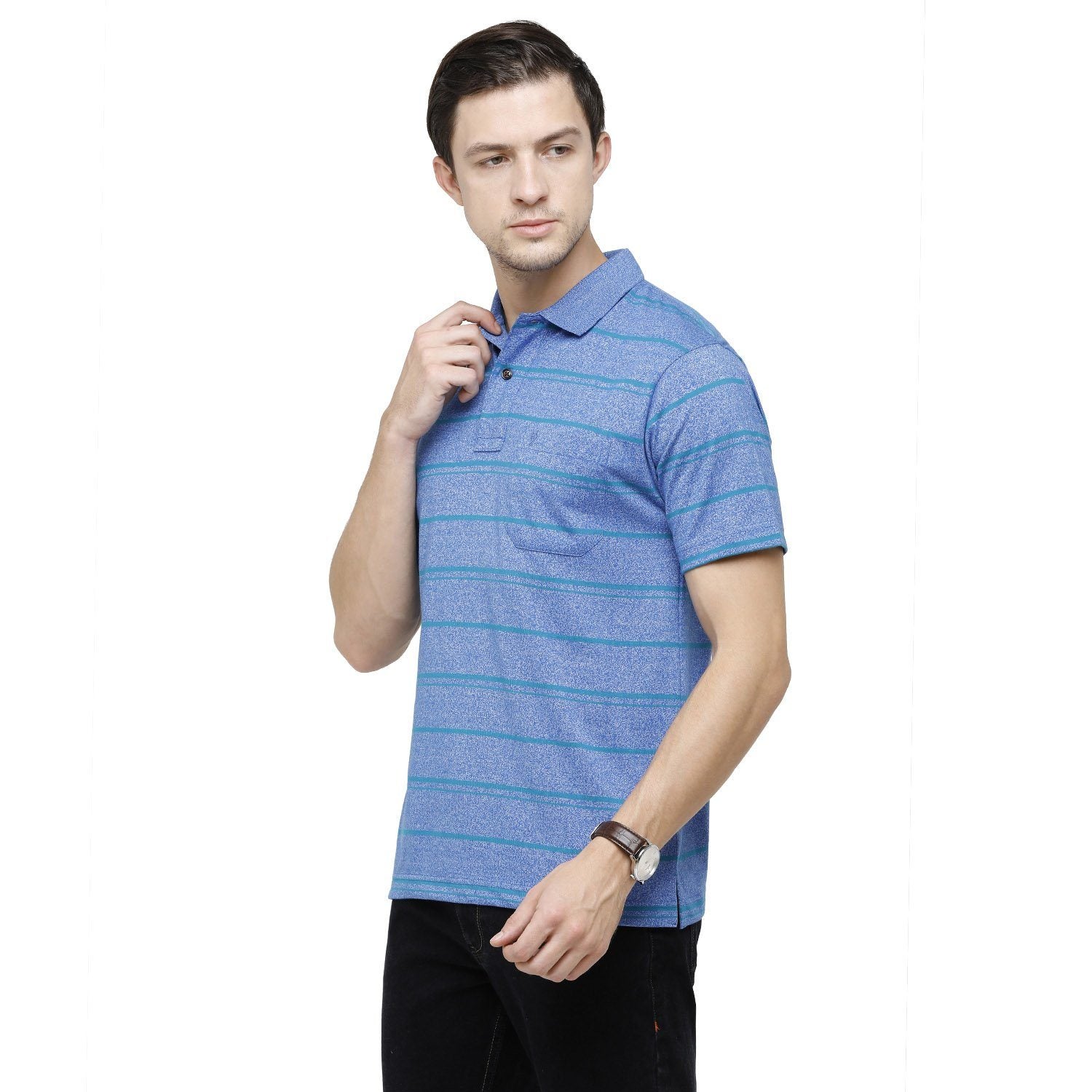 Classic Polo Mens Striped Polo Neck Half Sleeve Regular Fit Cotton Polyester Blend Blue Fashion T-Shirt ( AVON - 469 B AF P ) T-shirt Classic Polo 