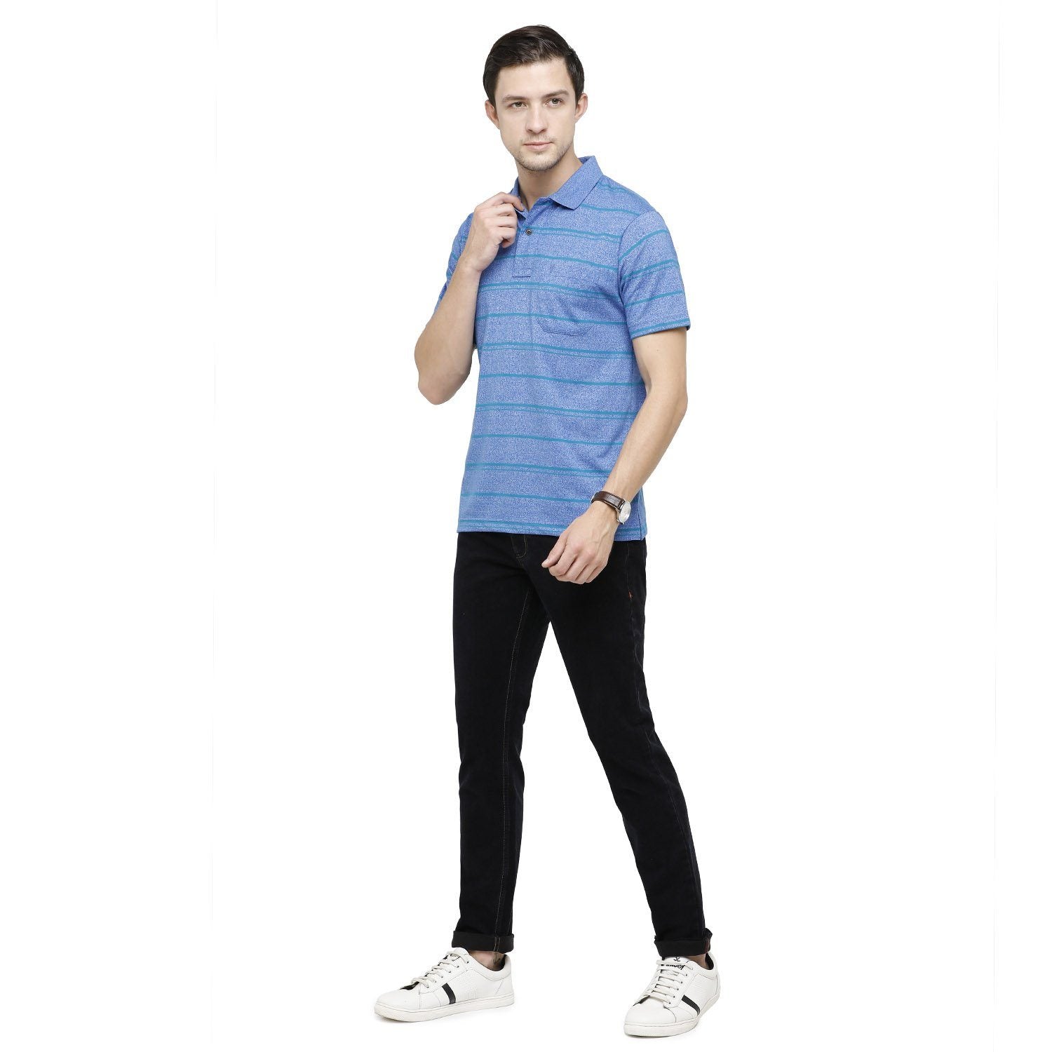Classic Polo Mens Striped Polo Neck Half Sleeve Regular Fit Cotton Polyester Blend Blue Fashion T-Shirt ( AVON - 469 B AF P ) T-shirt Classic Polo 