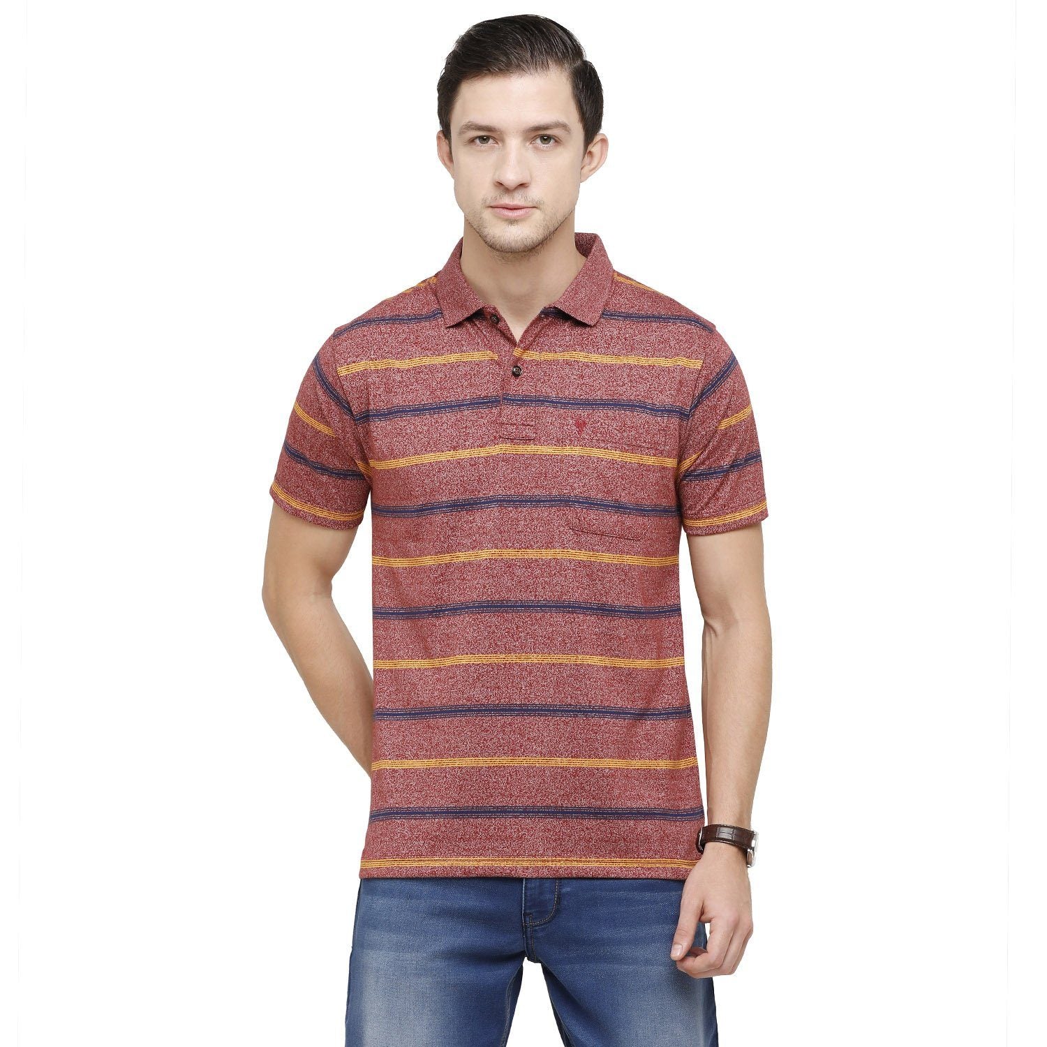 Classic Polo Mens Striped Polo Neck Half Sleeve Regular Fit Cotton Polyester Blend Wine Fashion T-Shirt ( AVON - 470 B AF P ) T-shirt Classic Polo 
