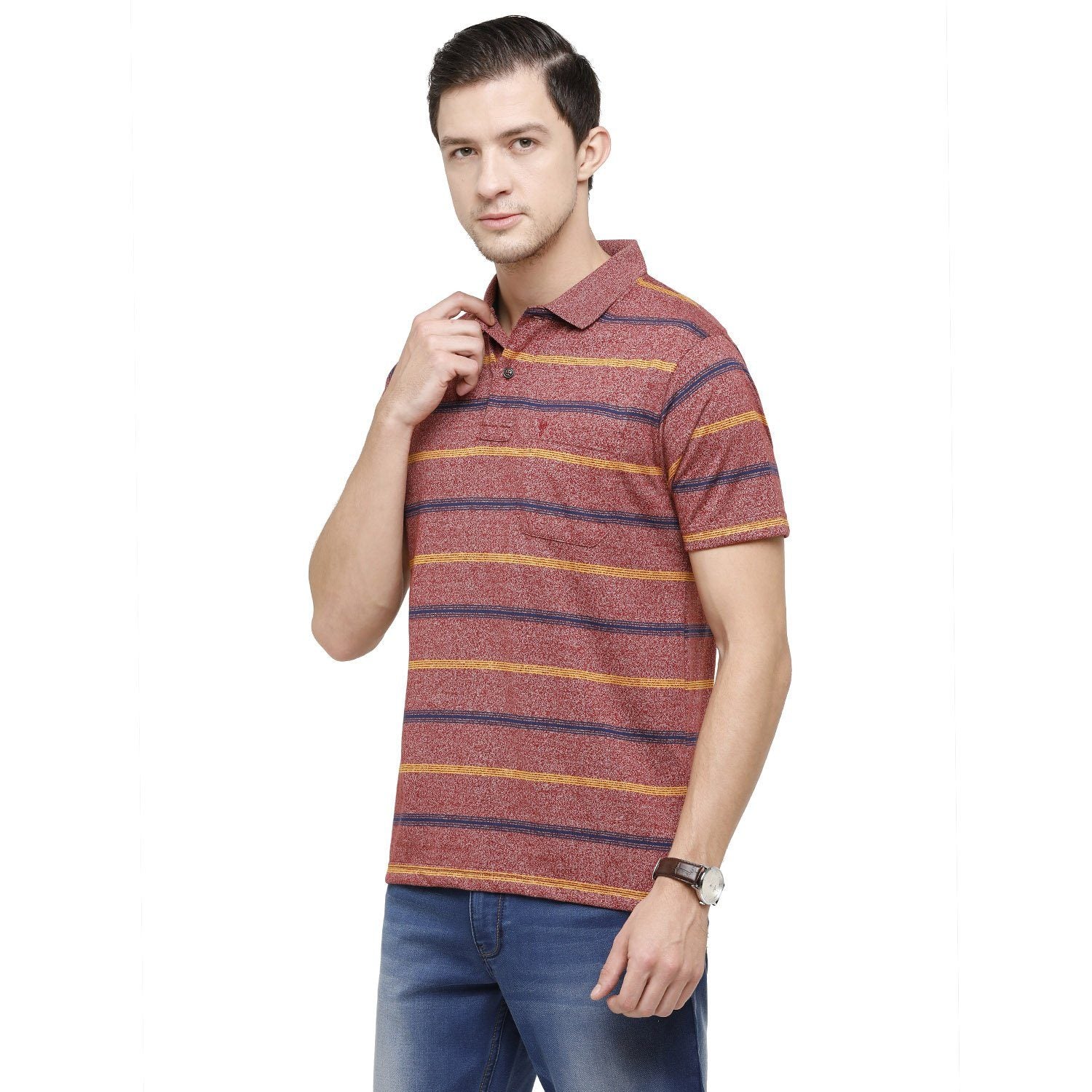 Classic Polo Mens Striped Polo Neck Half Sleeve Regular Fit Cotton Polyester Blend Wine Fashion T-Shirt ( AVON - 470 B AF P ) T-shirt Classic Polo 