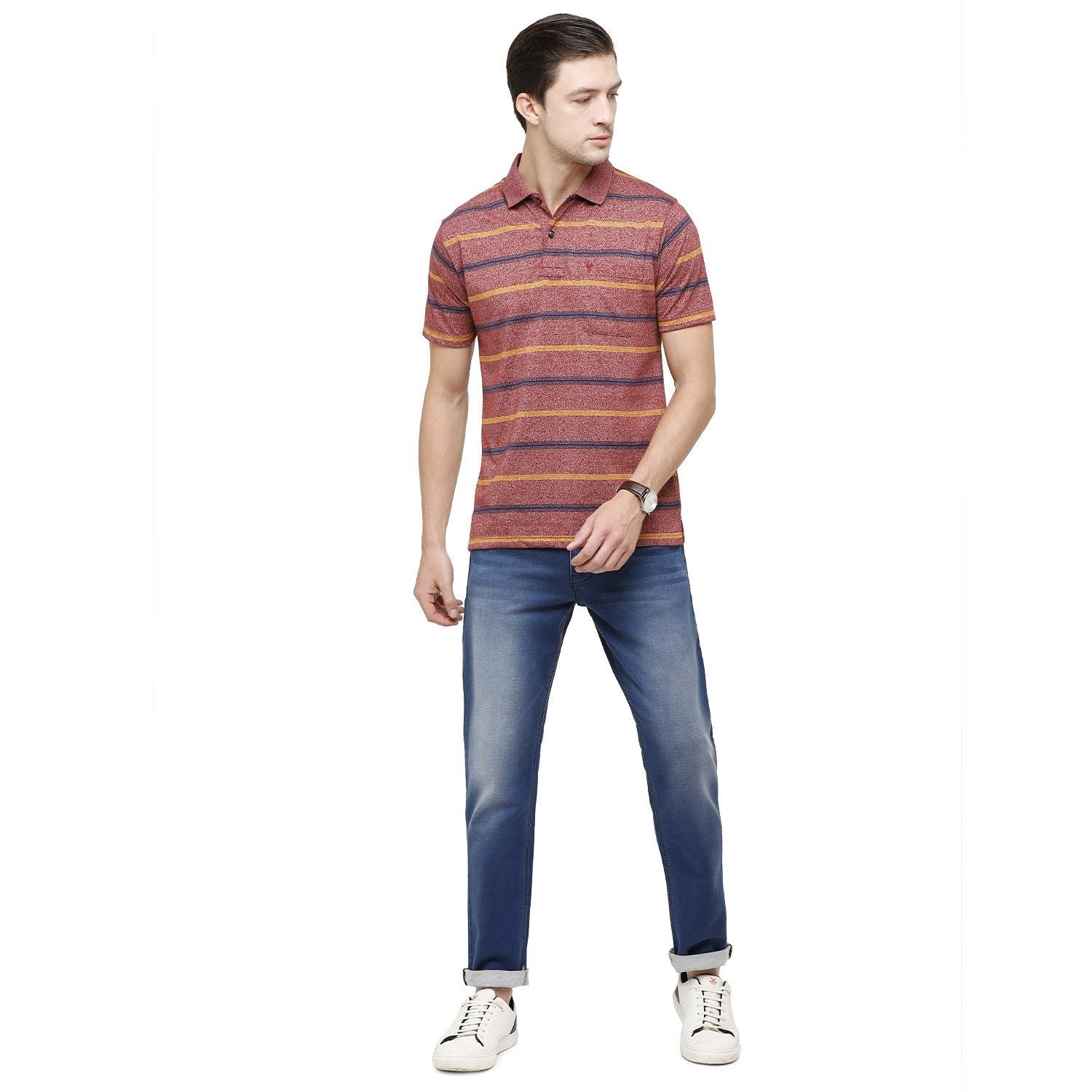 Classic Polo Mens Striped Polo Neck Half Sleeve Regular Fit Cotton Polyester Blend Wine Fashion T-Shirt ( AVON - 470 B AF P ) T-shirt Classic Polo 