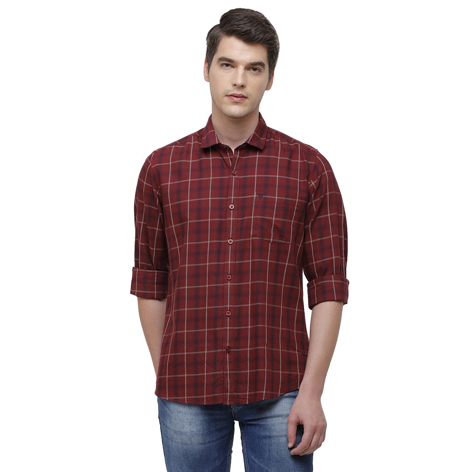 Classic Polo Men's Smart Fit Collar Neck Full Sleeve Checks Cotton Maroon Woven Shirt SM1-76 A-FS-CHK-SF Shirts Classic Polo 