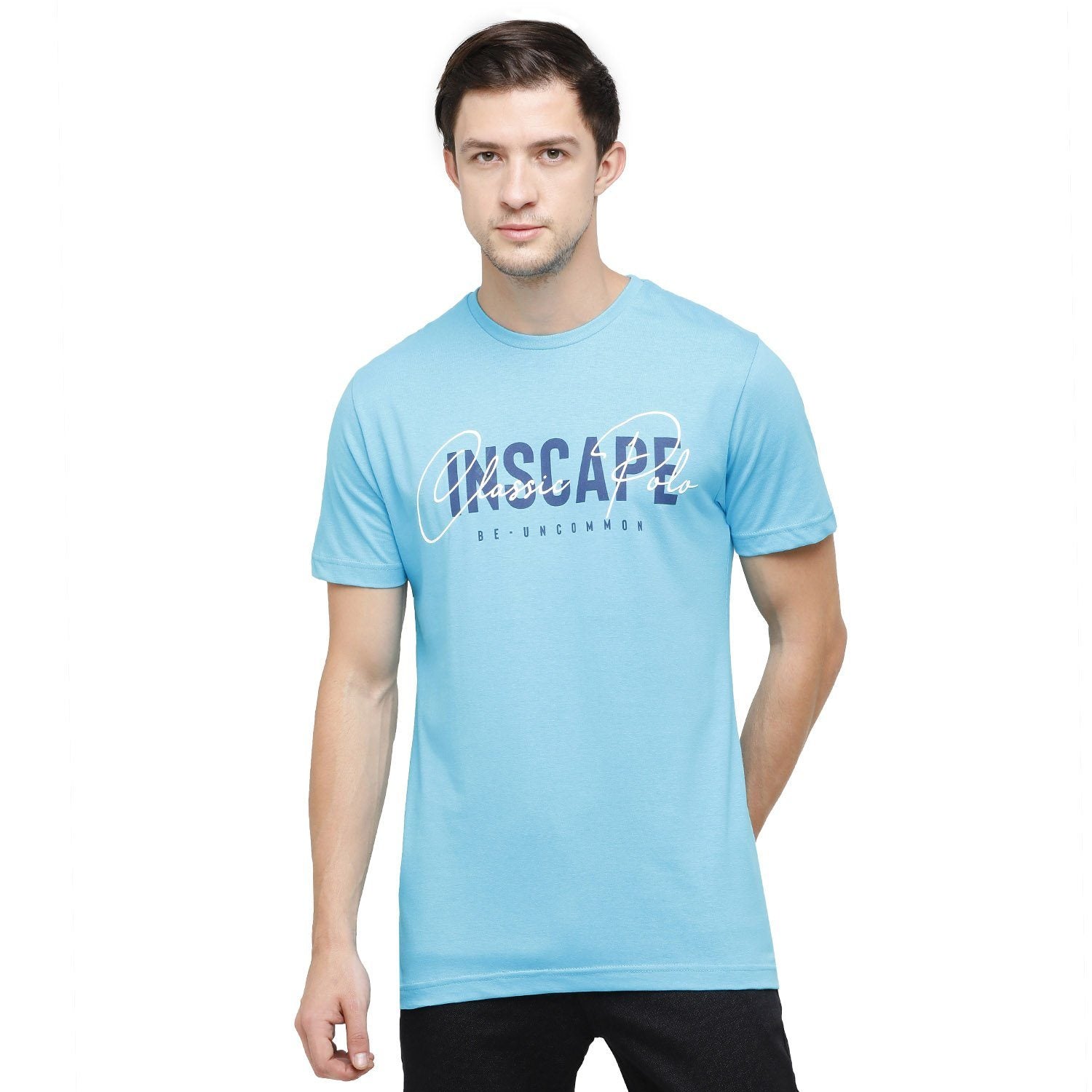 Classic Polo Mens Graphic Print Round Neck Half Sleeve Slim Fit 100% Cotton Turquoise Fashion T-Shirt ( BALENO - 381 B SF C ) T-shirt Classic Polo 