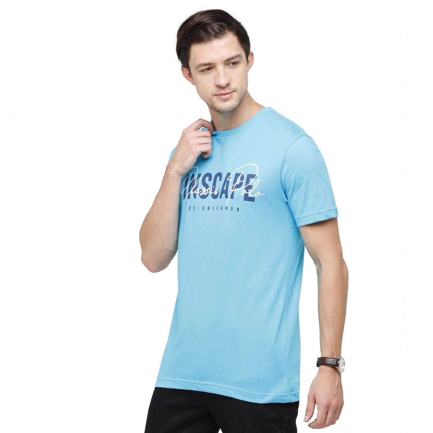 Classic Polo Mens Graphic Print Round Neck Half Sleeve Slim Fit 100% Cotton Turquoise Fashion T-Shirt ( BALENO - 381 B SF C ) T-shirt Classic Polo 