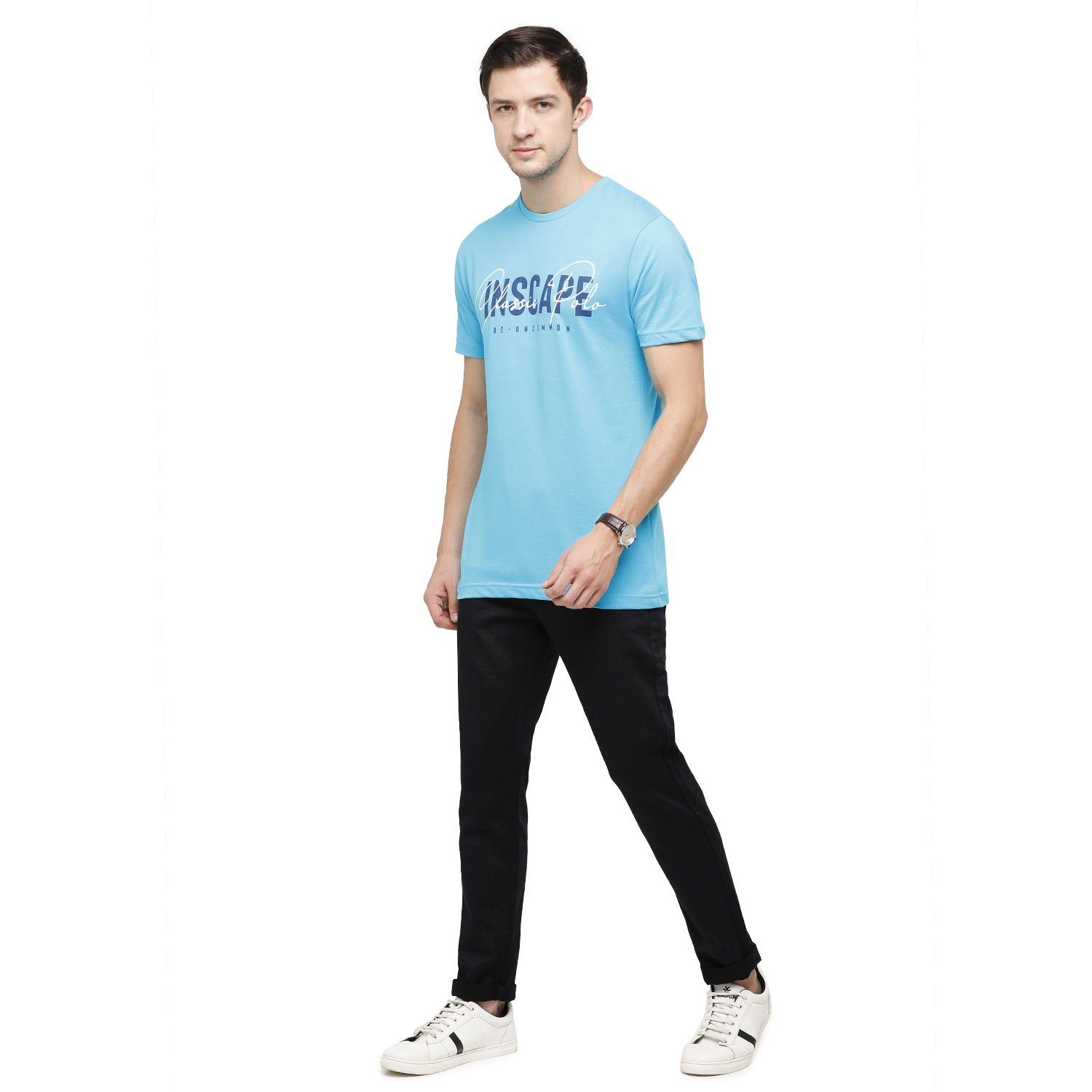 Classic Polo Mens Graphic Print Round Neck Half Sleeve Slim Fit 100% Cotton Turquoise Fashion T-Shirt ( BALENO - 381 B SF C ) T-shirt Classic Polo 