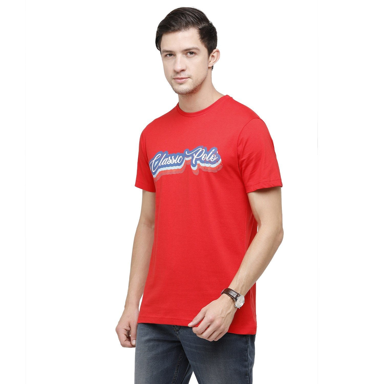 Classic Polo Mens Graphic Print Round Neck Half Sleeve Slim Fit 100% Cotton Red Fashion T-Shirt ( BALENO - 382 B SF C ) T-shirt Classic Polo 