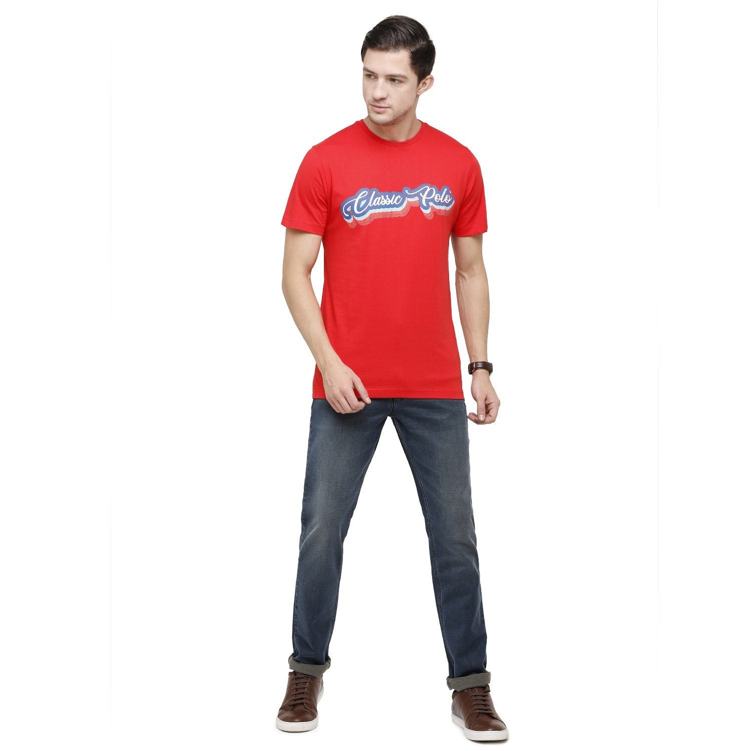 Classic Polo Mens Graphic Print Round Neck Half Sleeve Slim Fit 100% Cotton Red Fashion T-Shirt ( BALENO - 382 B SF C ) T-shirt Classic Polo 