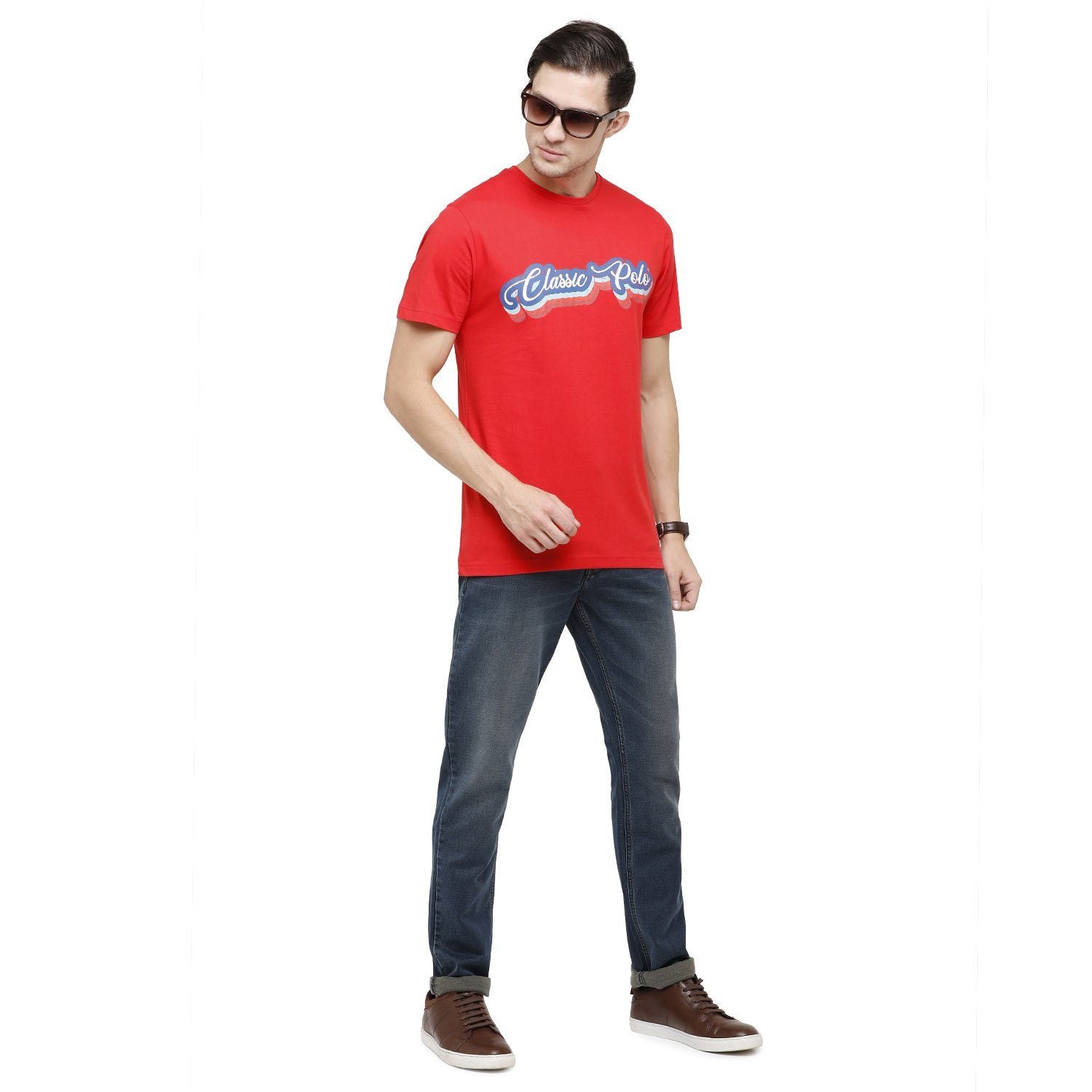 Classic Polo Mens Graphic Print Round Neck Half Sleeve Slim Fit 100% Cotton Royal Blue Fashion T-Shirt ( BALENO - 390 B SF C ) T-shirt Classic Polo 