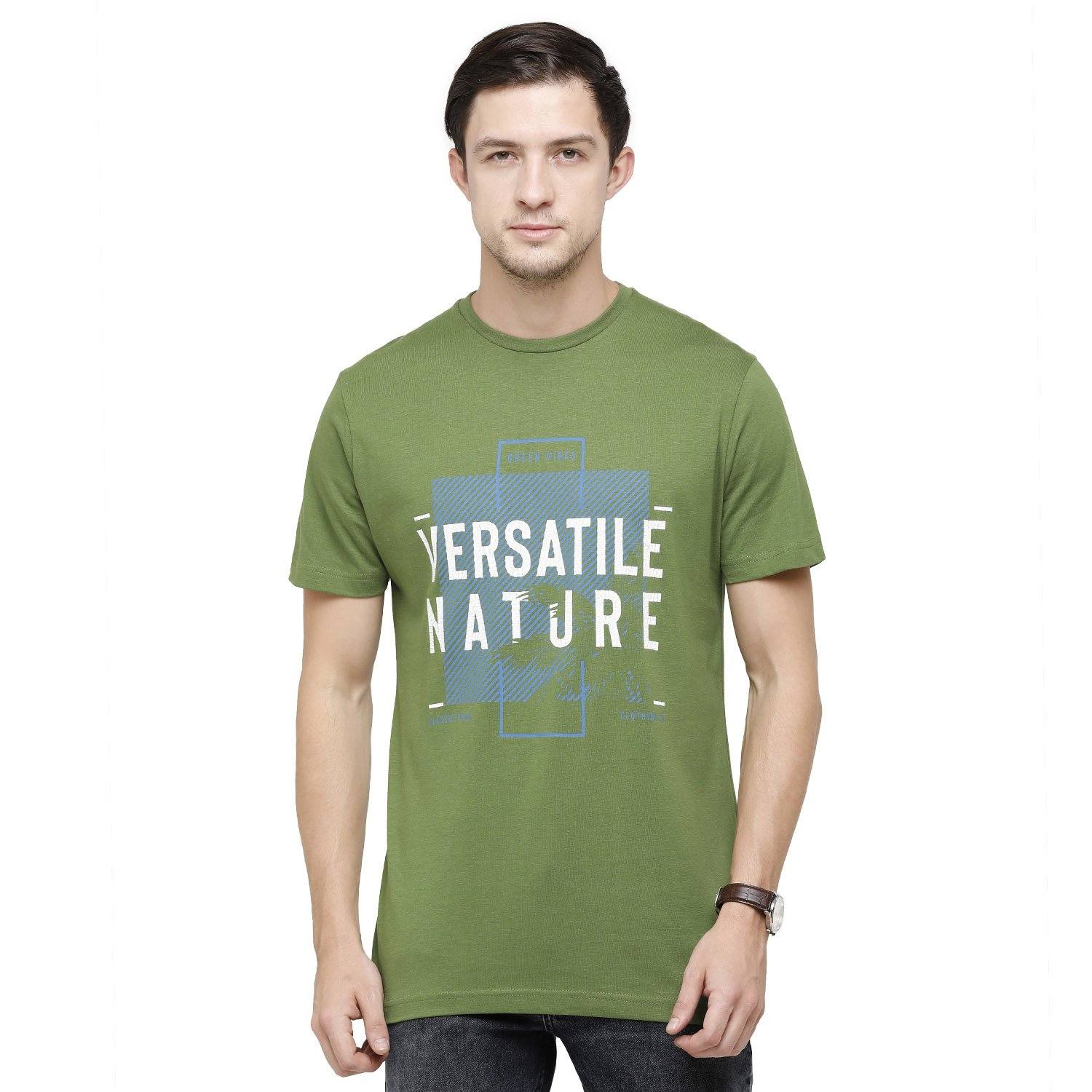 Classic Polo Mens Graphic Print Round Neck Half Sleeve Slim Fit 100% Cotton Olive Green Fashion T-Shirt ( BALENO - 384 B SF C ) T-shirt Classic Polo 