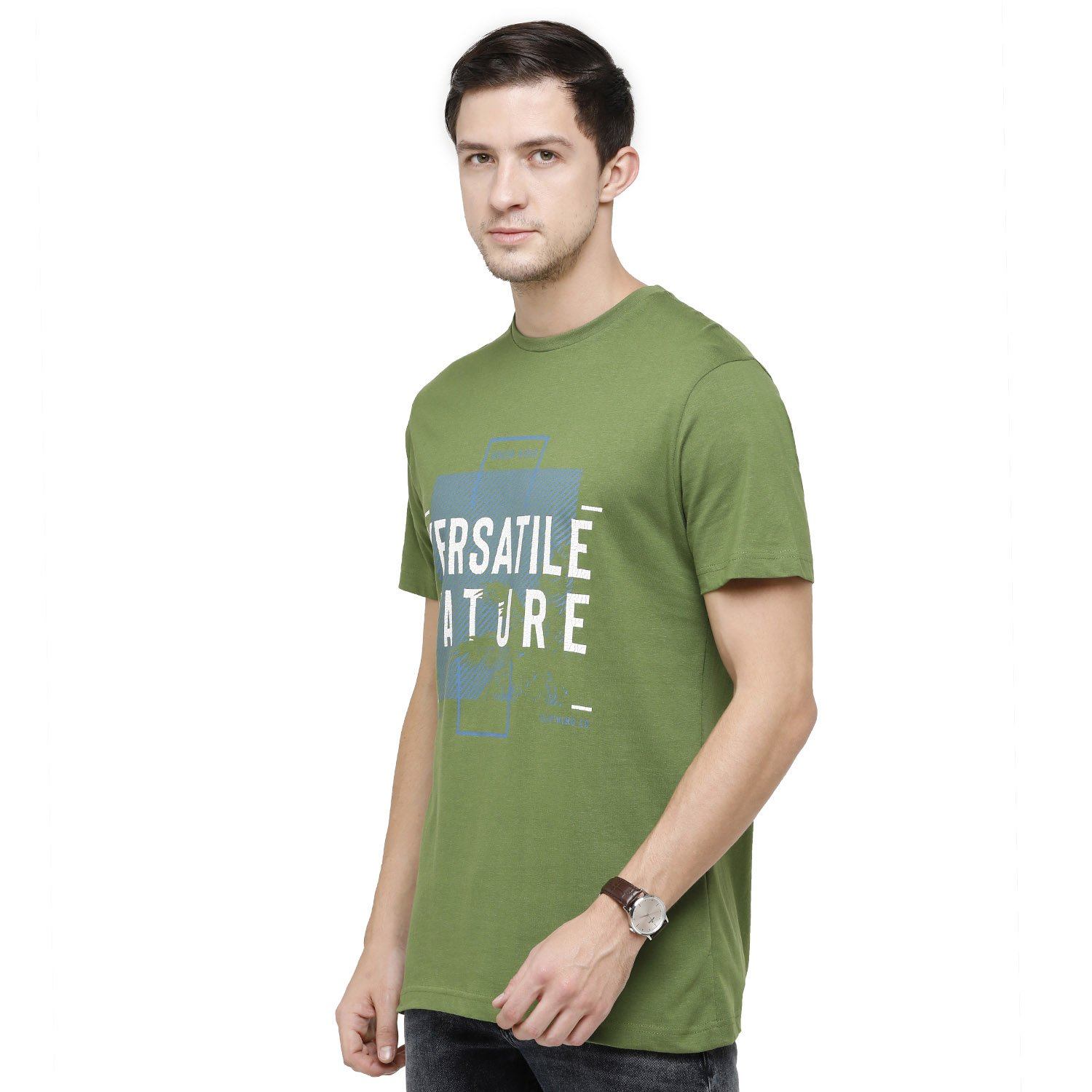 Classic Polo Mens Graphic Print Round Neck Half Sleeve Slim Fit 100% Cotton Olive Green Fashion T-Shirt ( BALENO - 384 B SF C ) T-shirt Classic Polo 